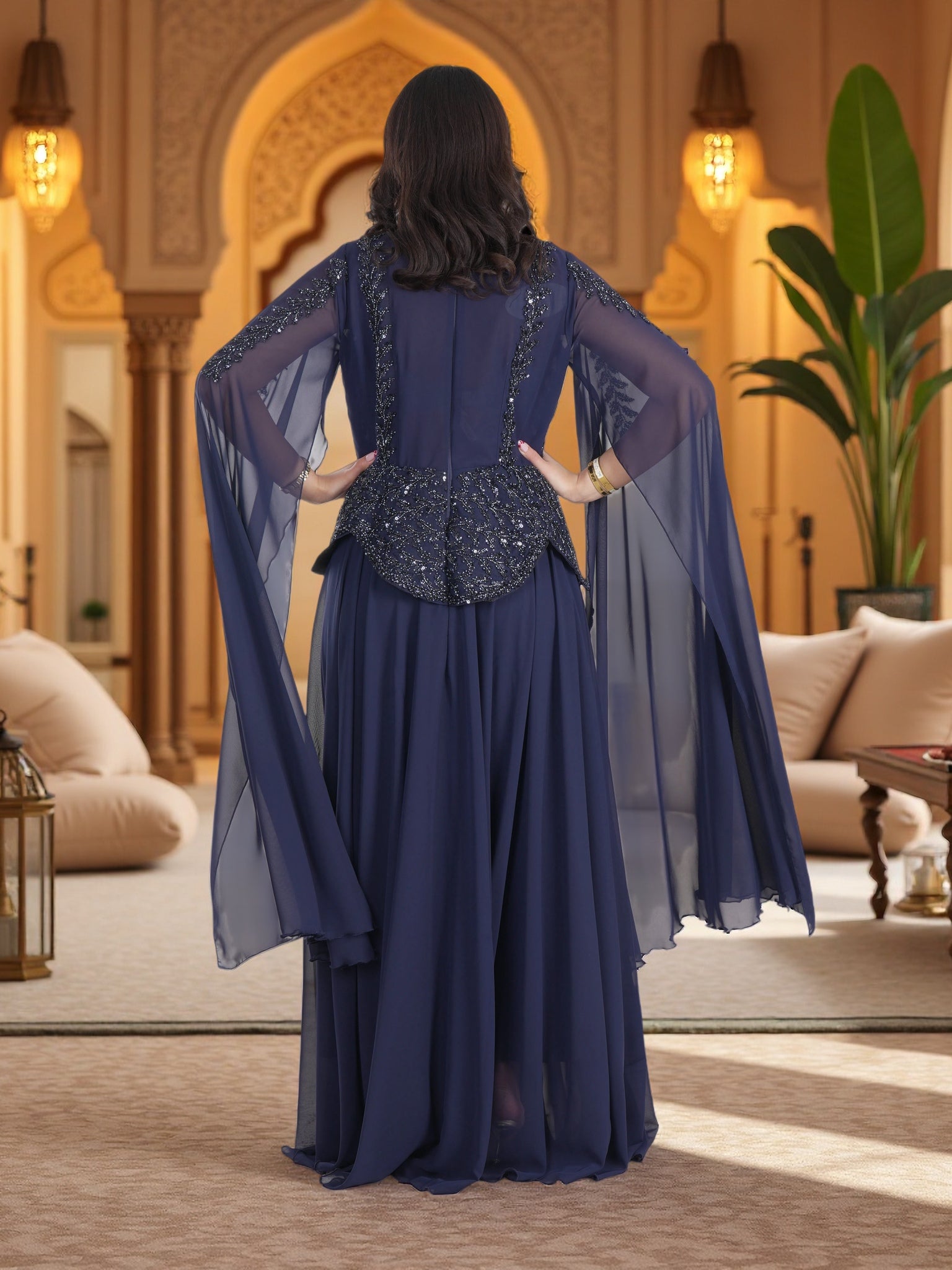Luxury Navy Blue Embellished Cape Maxi Gown – Elegant Modest Chiffon Evening Dress