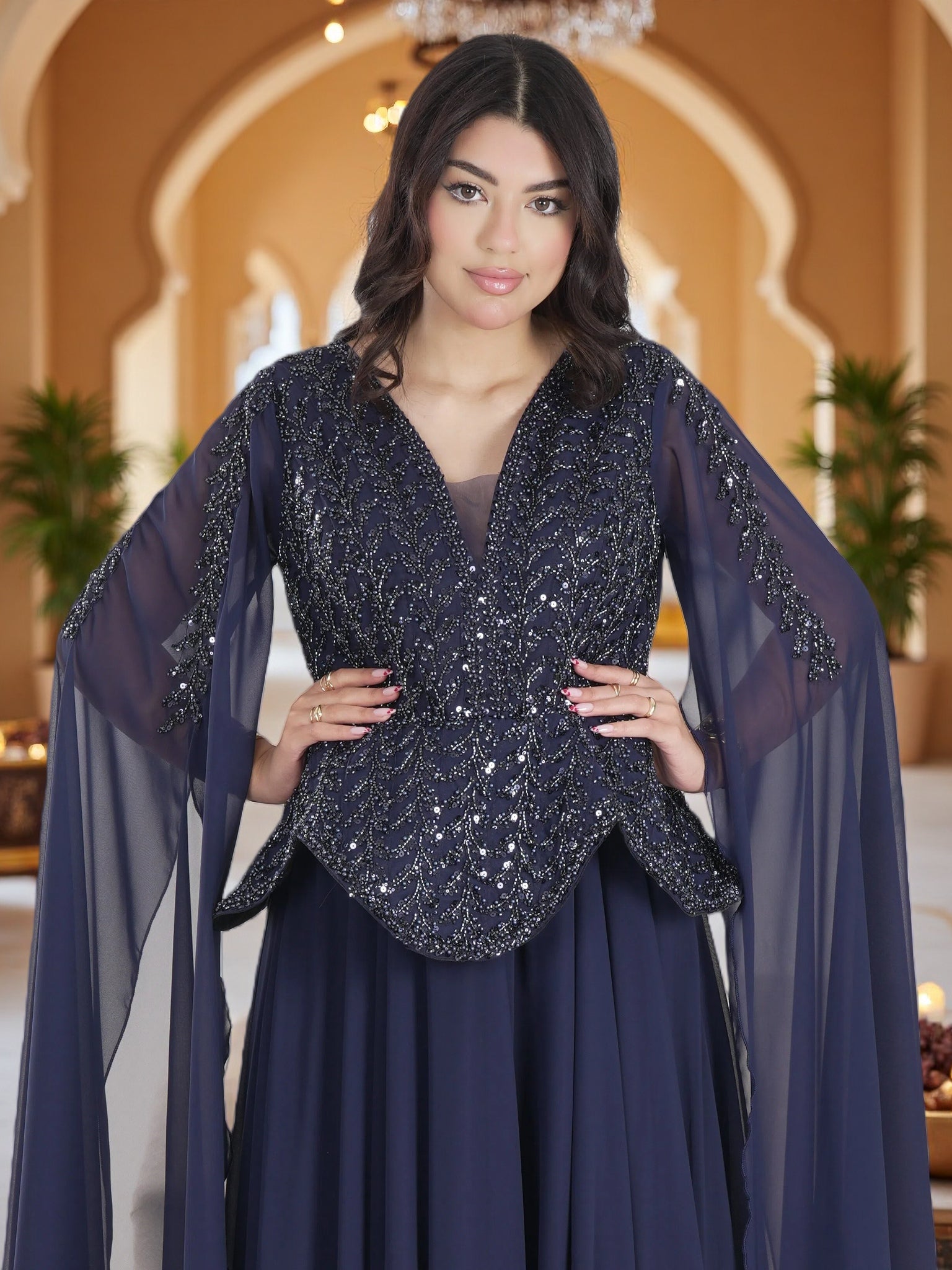 Luxury Navy Blue Embellished Cape Maxi Gown – Elegant Modest Chiffon Evening Dress