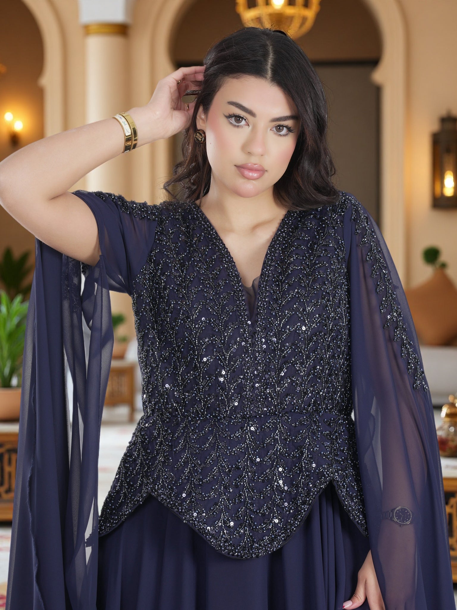 Luxury Navy Blue Embellished Cape Maxi Gown – Elegant Modest Chiffon Evening Dress