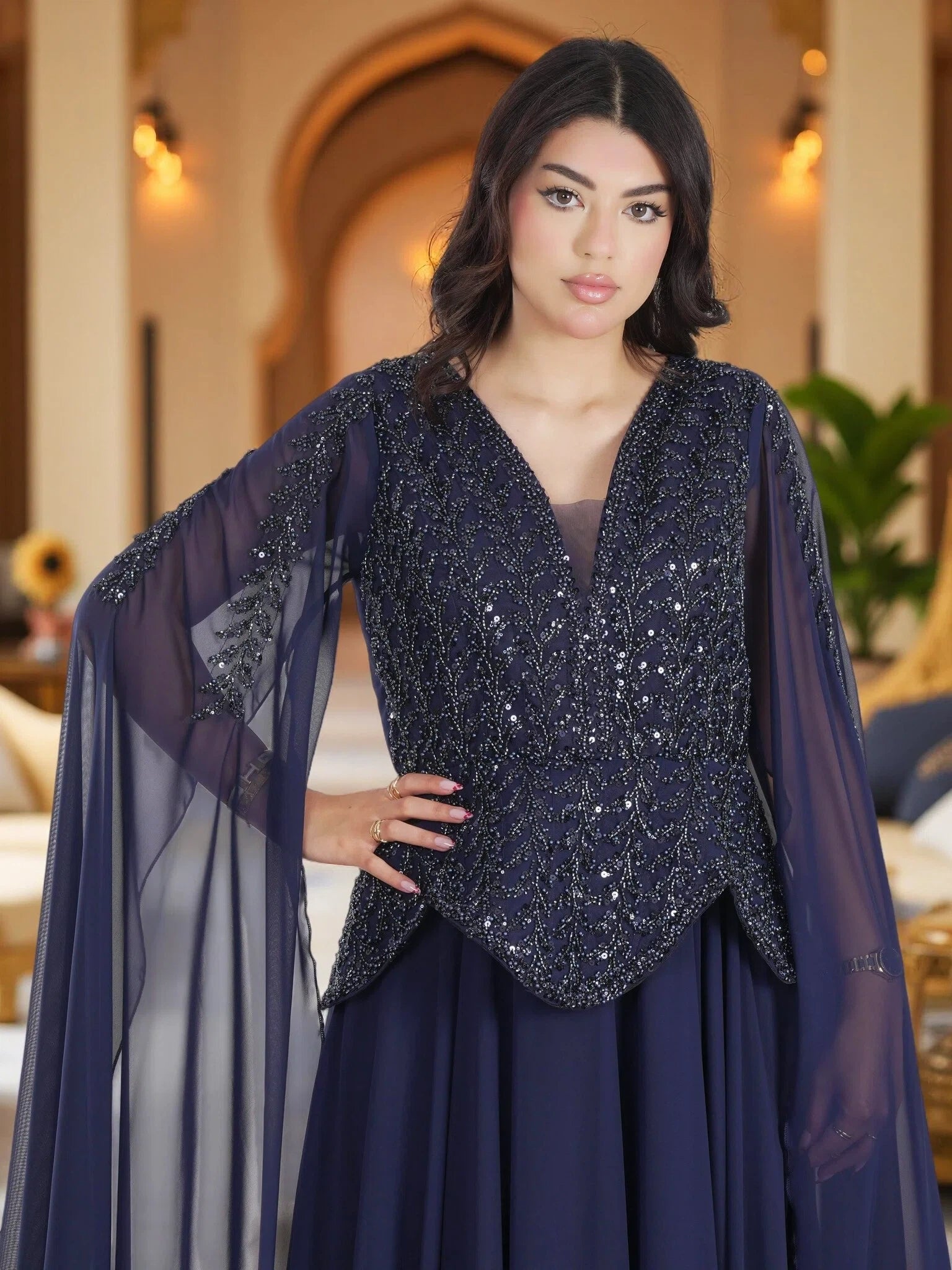 Luxury Navy Blue Embellished Cape Maxi Gown – Elegant Modest Chiffon Evening Dress