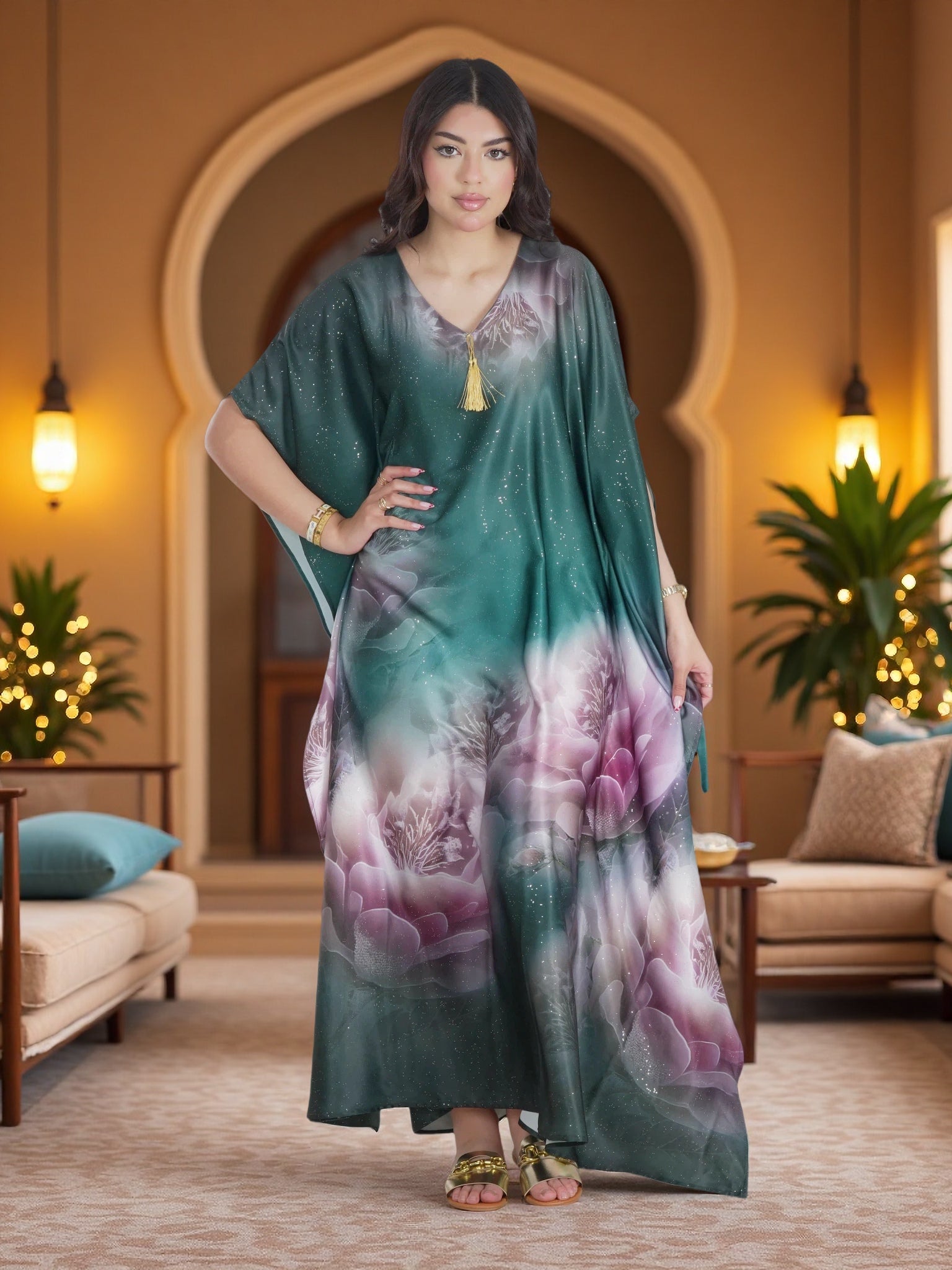 Luxury Emerald Green Floral Kaftan Maxi Dress – Elegant Modest Ramadan & Eid Wear