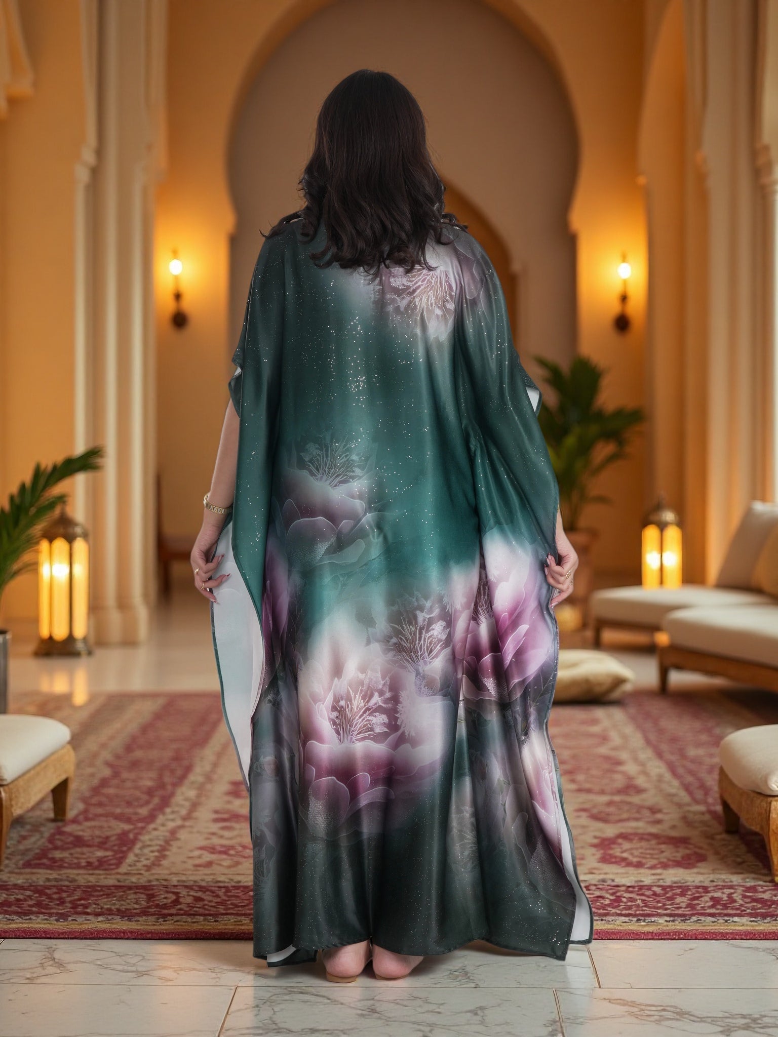 Luxury Emerald Green Floral Kaftan Maxi Dress – Elegant Modest Ramadan & Eid Wear