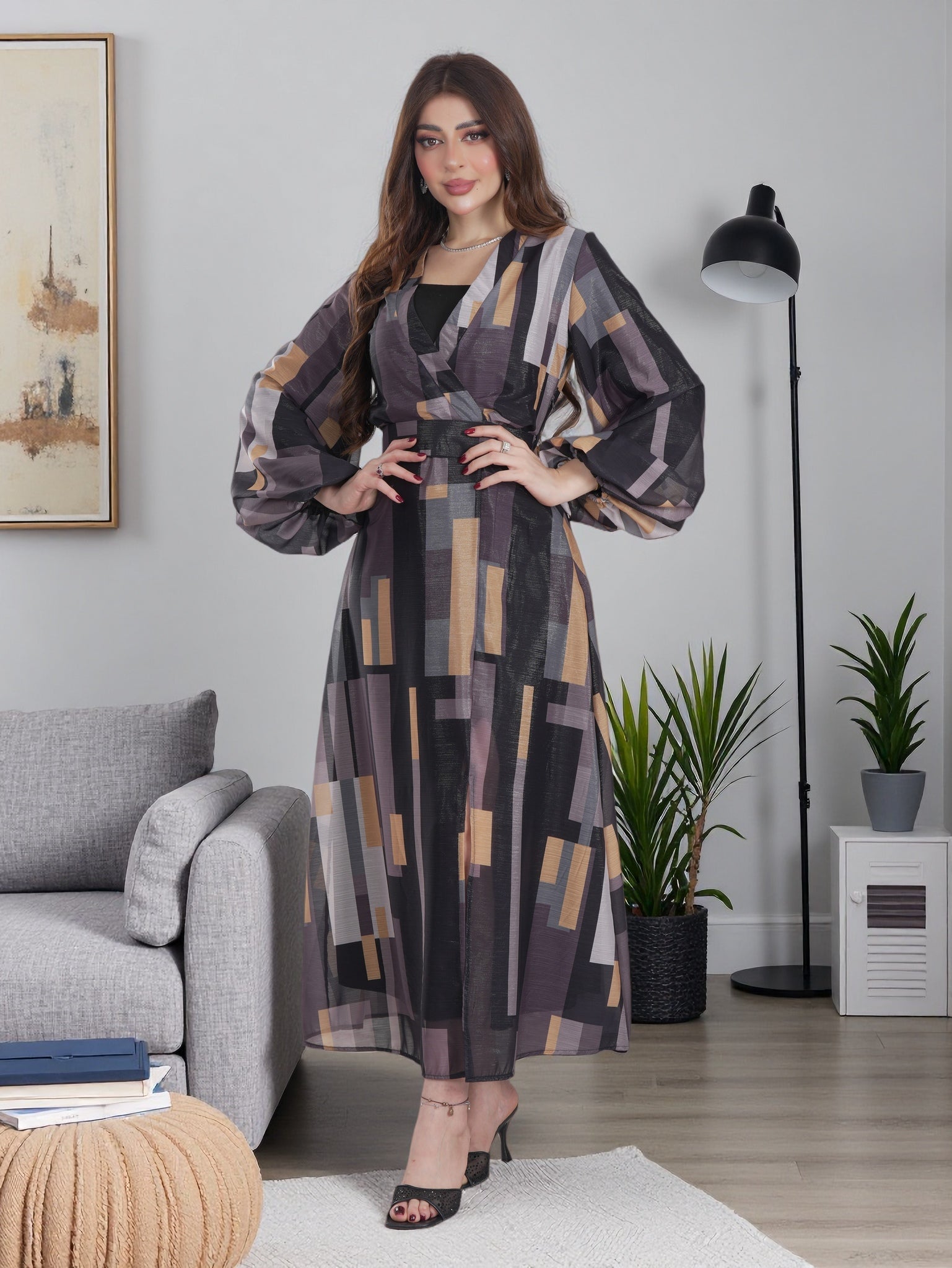 Mocha Luxe Geometric Maxi Dress – Modern Modest Elegance