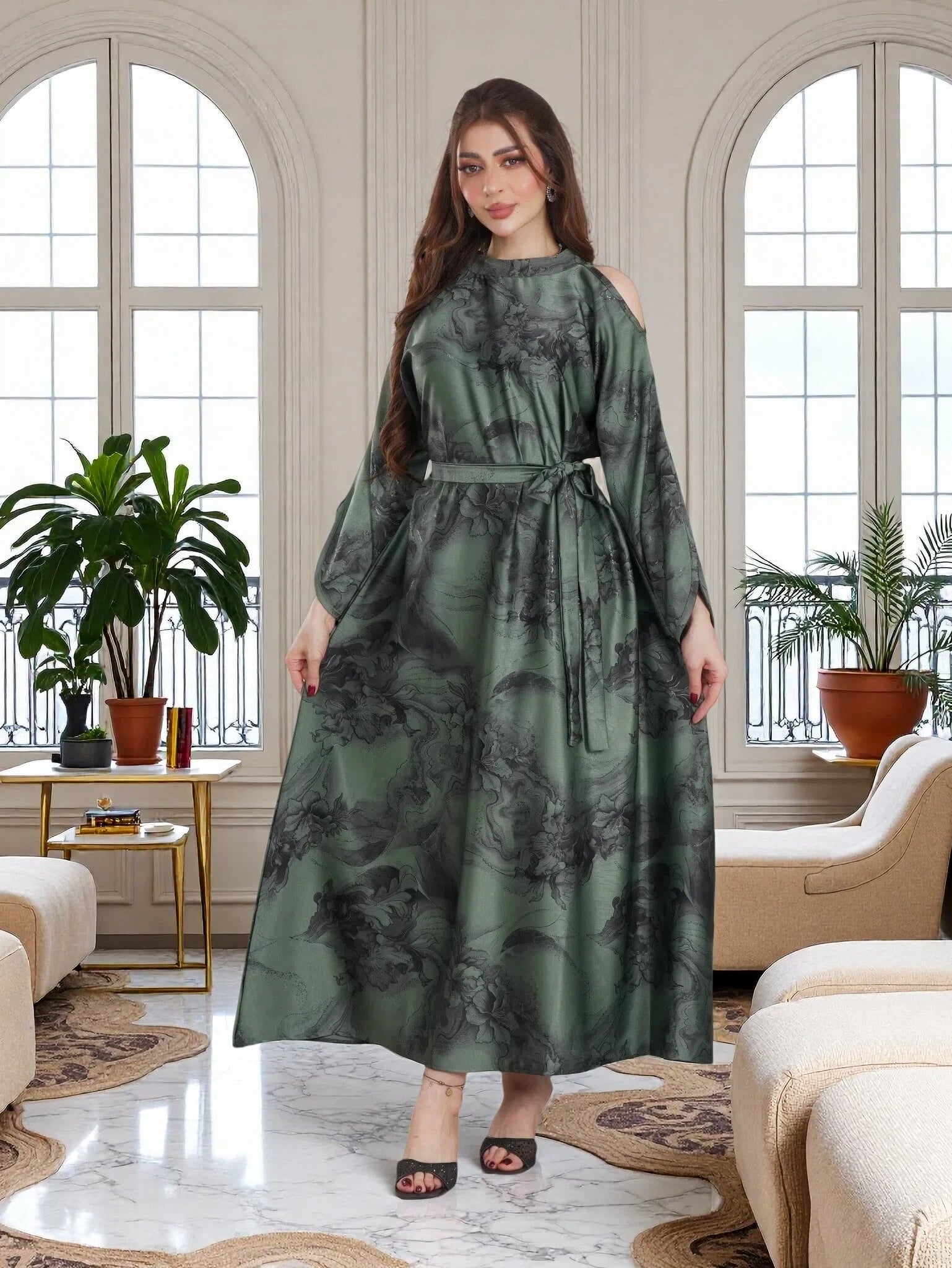 Finelook Luxury Floral Maxi Dress – Modest Long Sleeve Belted Evening Dress in Lavender Purple