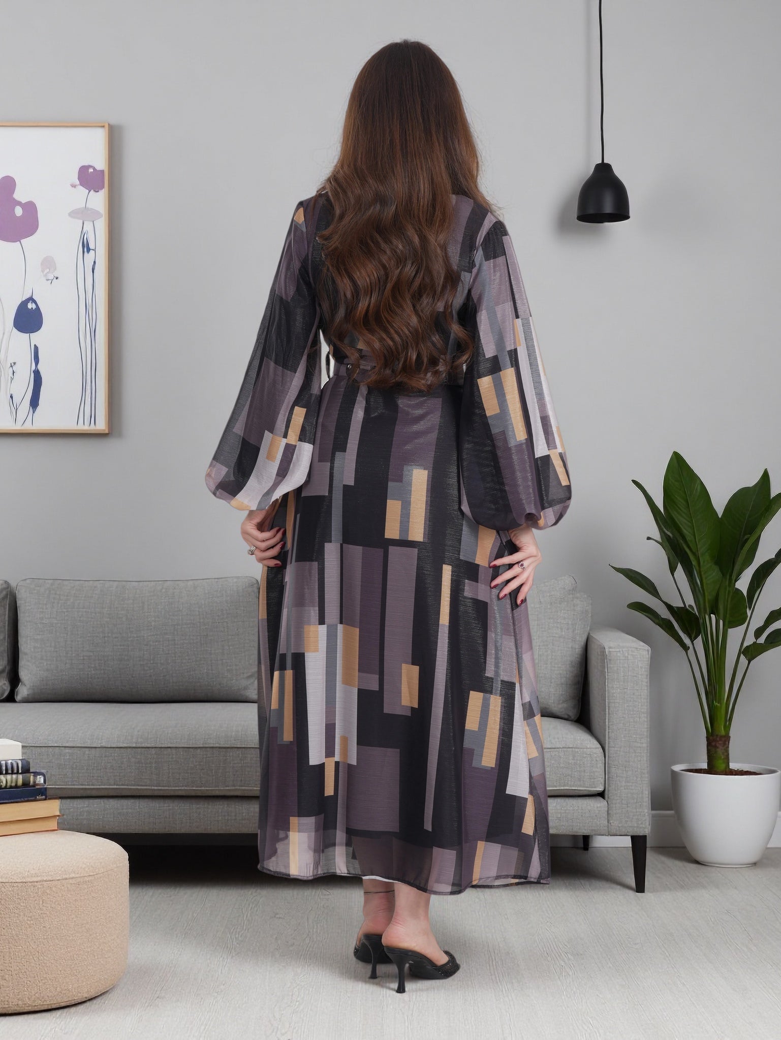 Mocha Luxe Geometric Maxi Dress – Modern Modest Elegance
