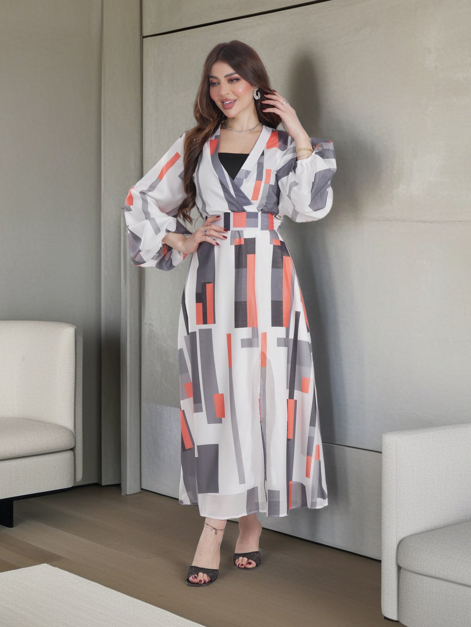 Modern Coral Lines Maxi Dress – Contemporary Modest Elegance – FineLook