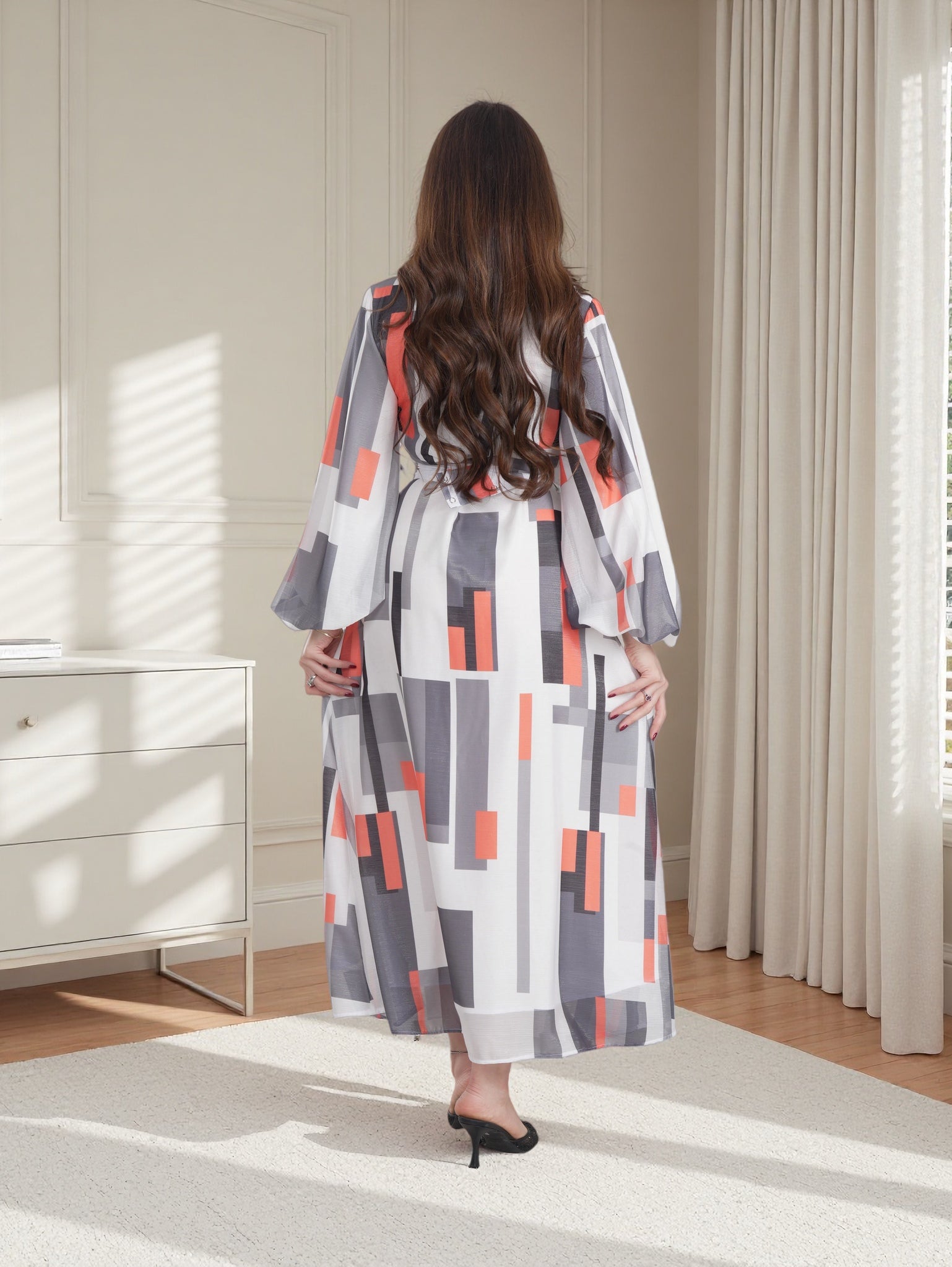 Modern Coral Lines Maxi Dress – Contemporary Modest Elegance