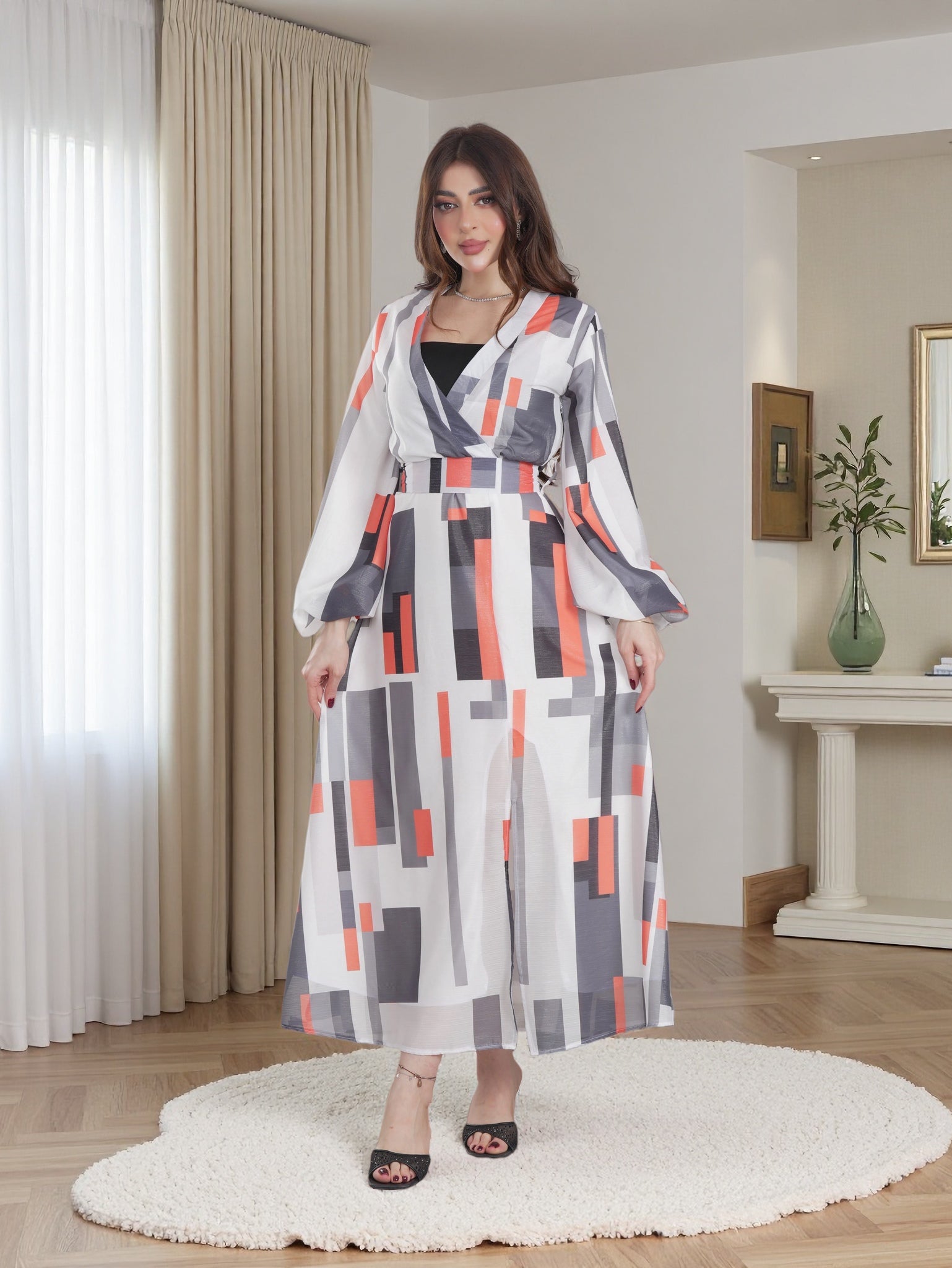 Modern Coral Lines Maxi Dress – Contemporary Modest Elegance