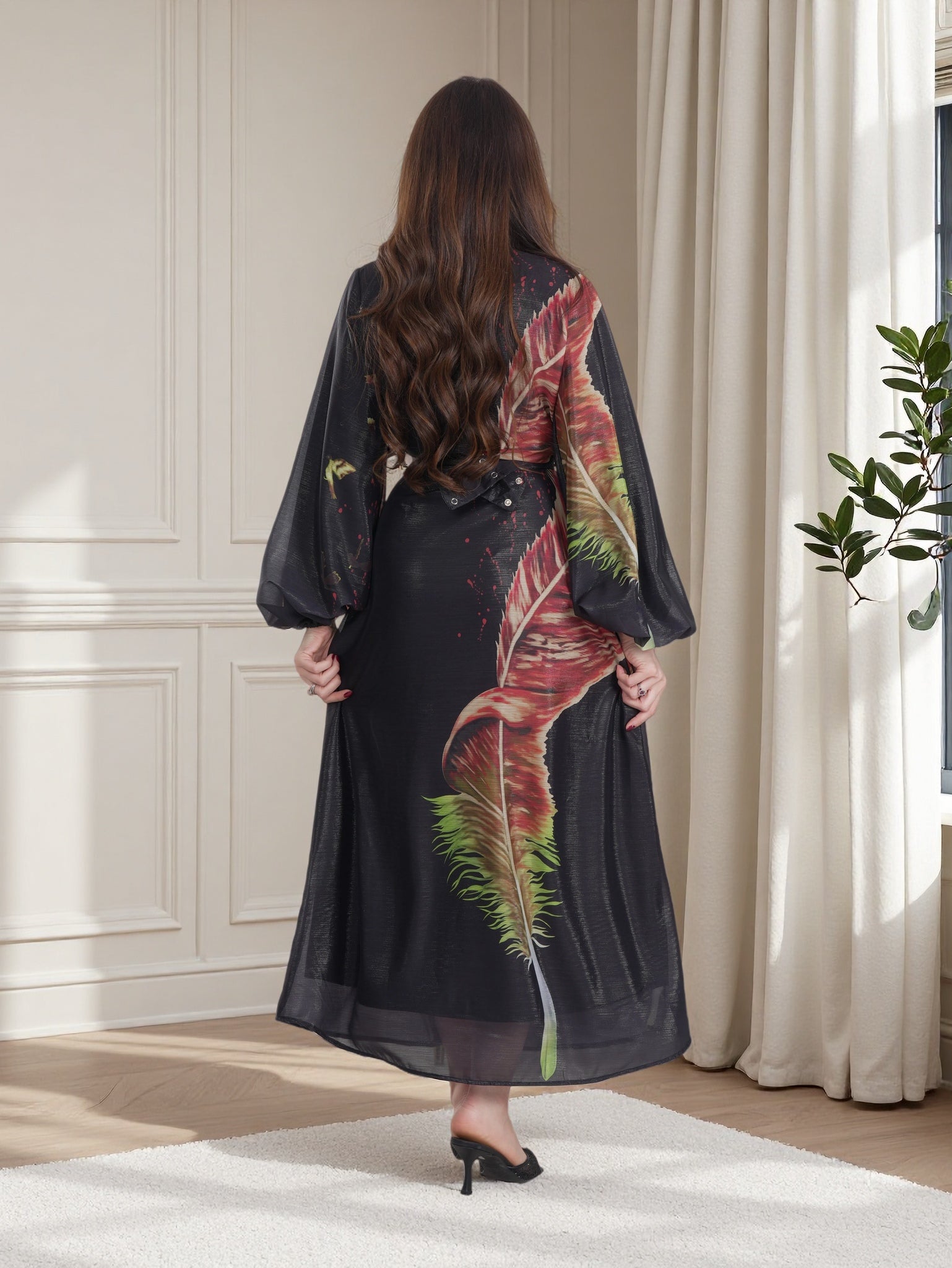 Midnight Feather Luxury Maxi Dress – Elegant Modest Evening Wear