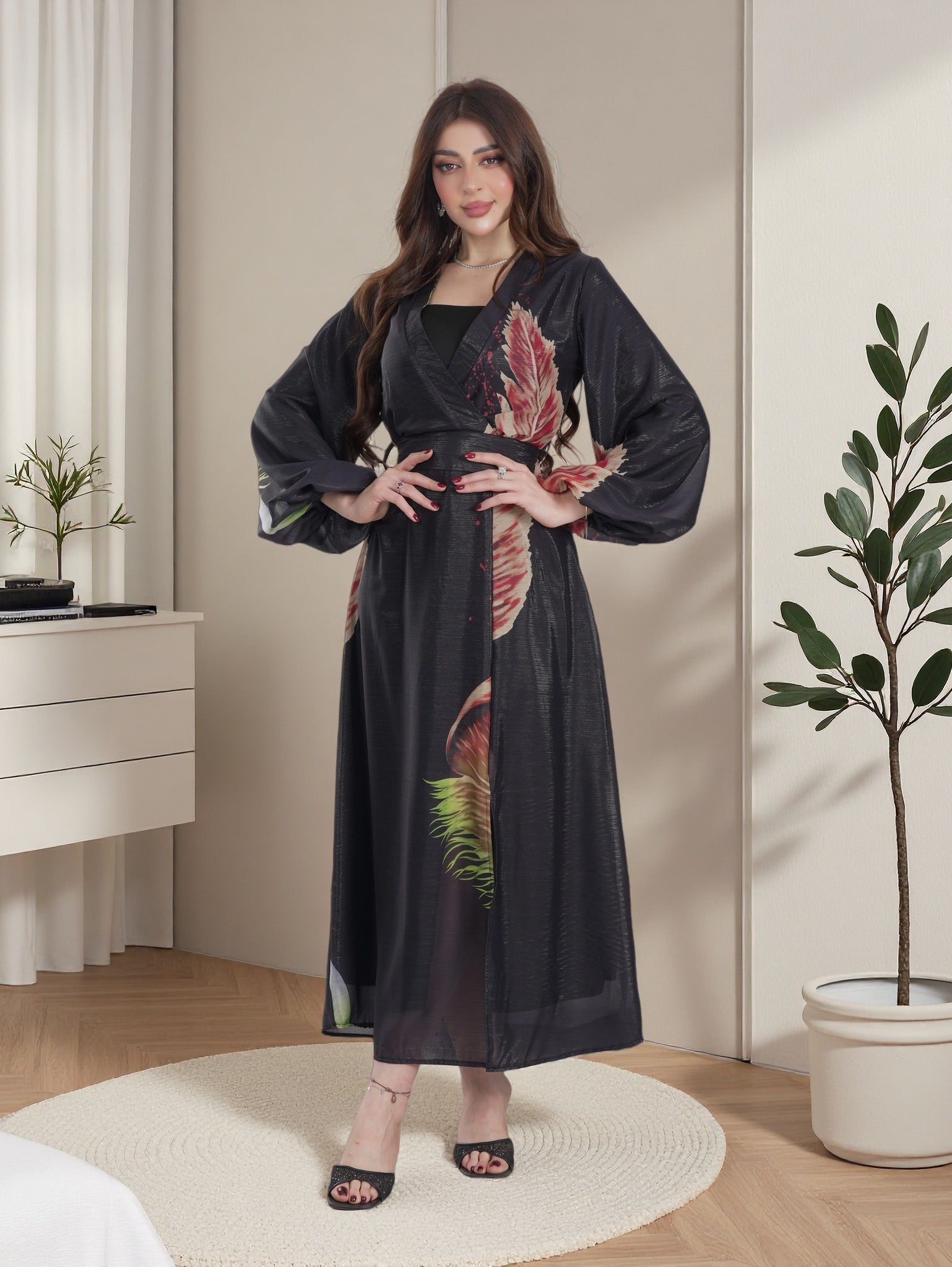 Midnight Feather Luxury Maxi Dress – Elegant Modest Evening Wear