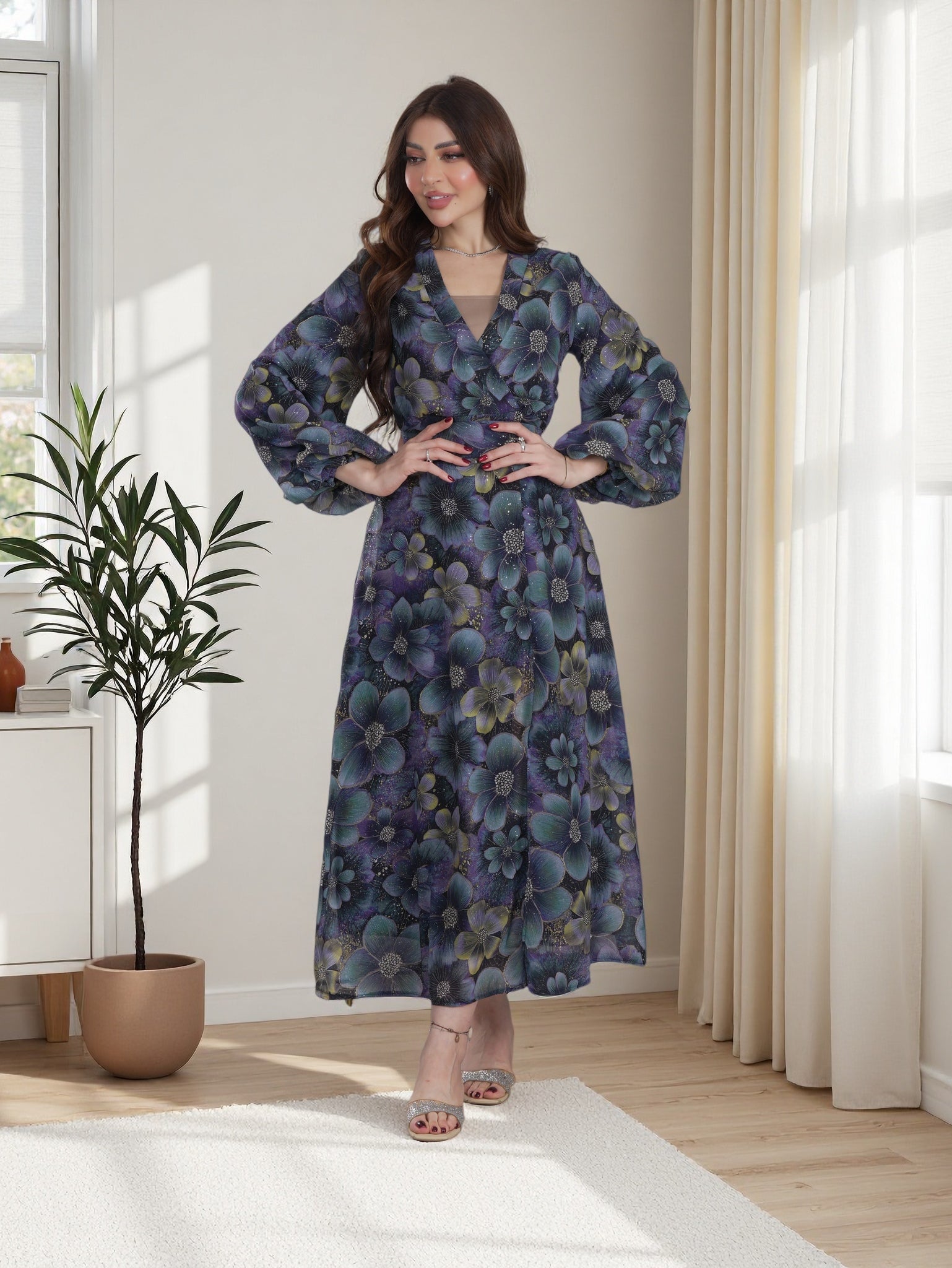 Elegant Midnight Bloom Floral Maxi Dress – Modest Luxury Edition