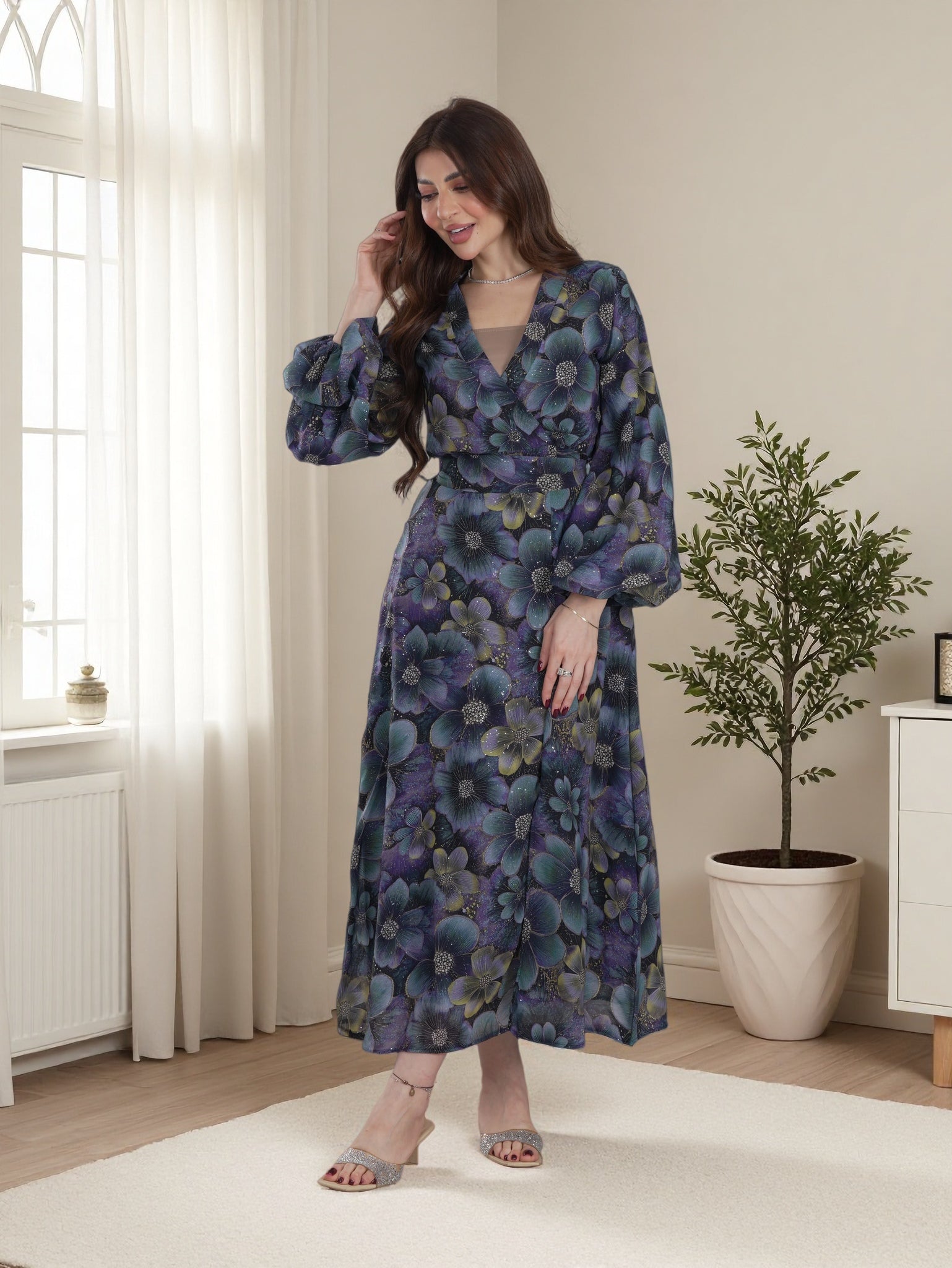 Elegant Midnight Bloom Floral Maxi Dress – Modest Luxury Edition