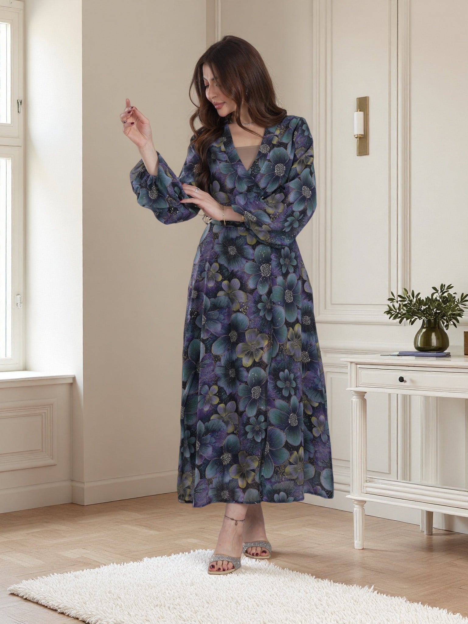 Elegant Midnight Bloom Floral Maxi Dress – Modest Luxury Edition