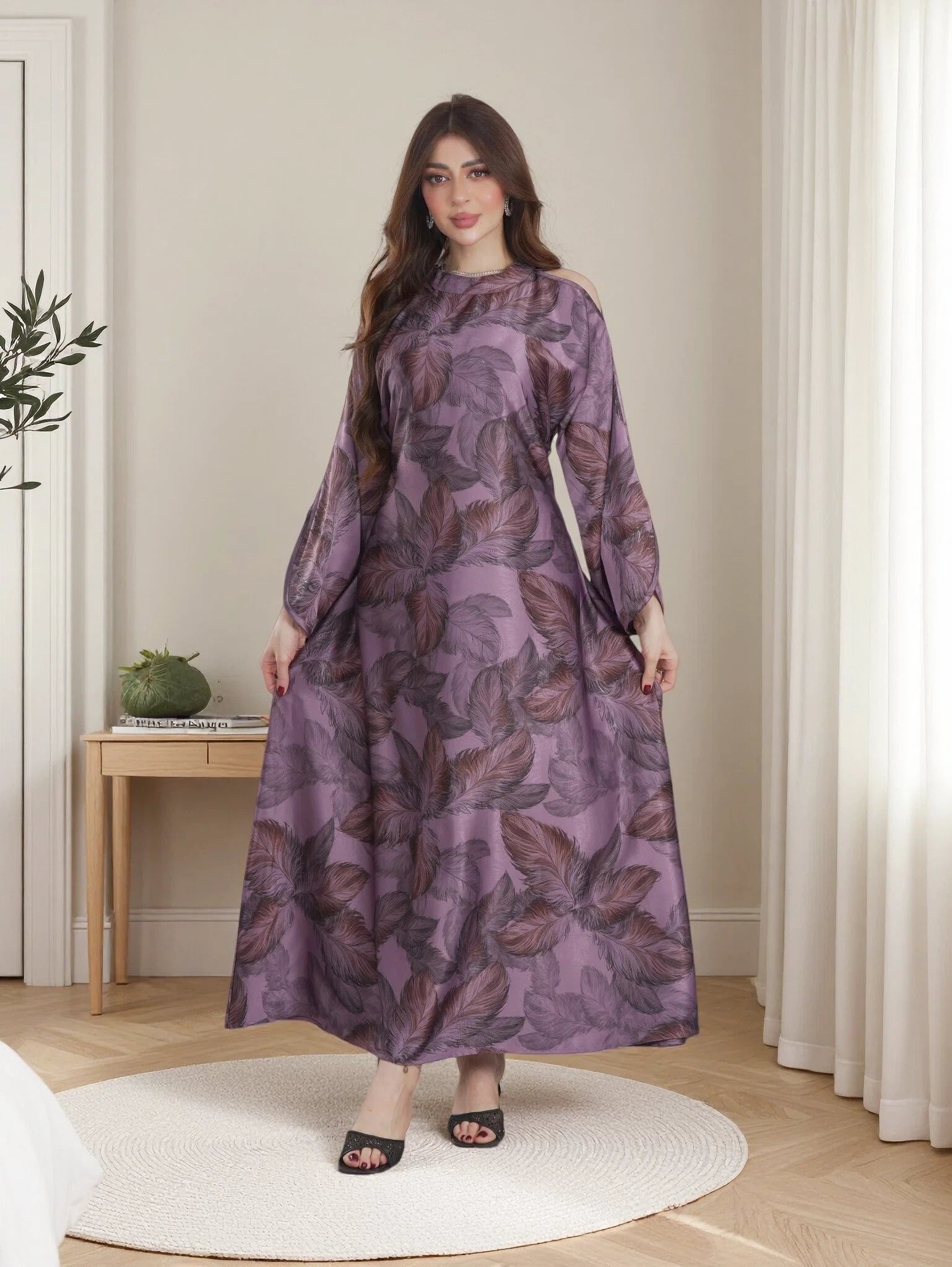 Finelook Luxury Floral Maxi Dress – Modest Long Sleeve Belted Evening Dress in Lavender Purple