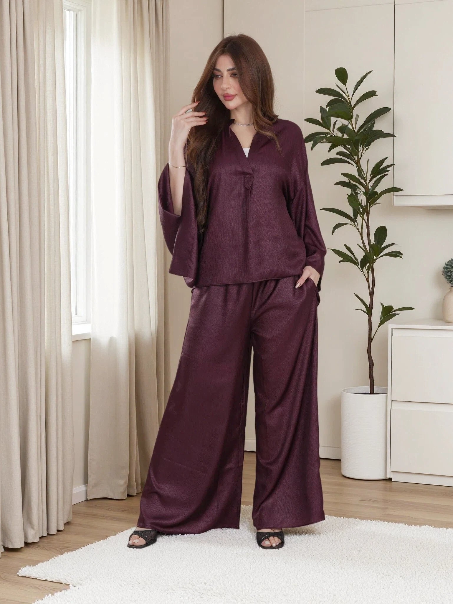 Finelook Luxe Satin Modest Two-Piece Set – Wide Sleeve Top & Palazzo Pants