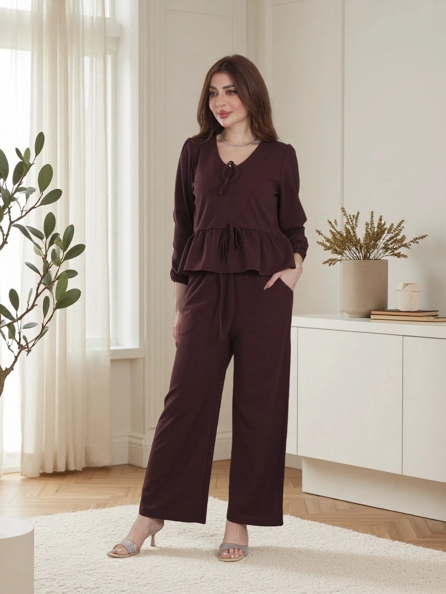 Finelook Elegant Peplum Lounge Set – Modest Two-Piece Wide Leg Suit
