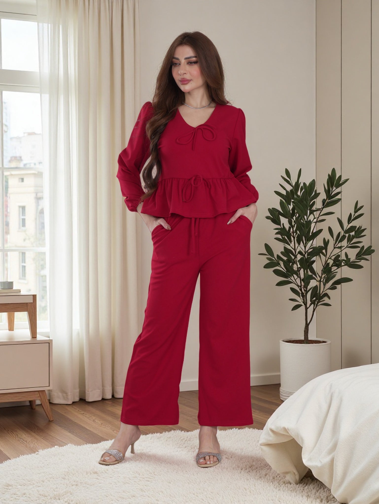 Finelook Elegant Peplum Lounge Set – Modest Two-Piece Wide Leg Suit