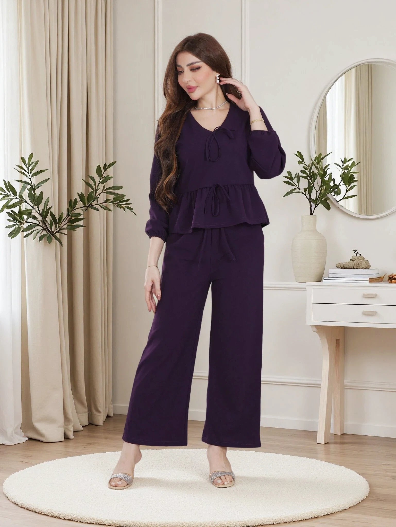 Finelook Elegant Peplum Lounge Set – Modest Two-Piece Wide Leg Suit