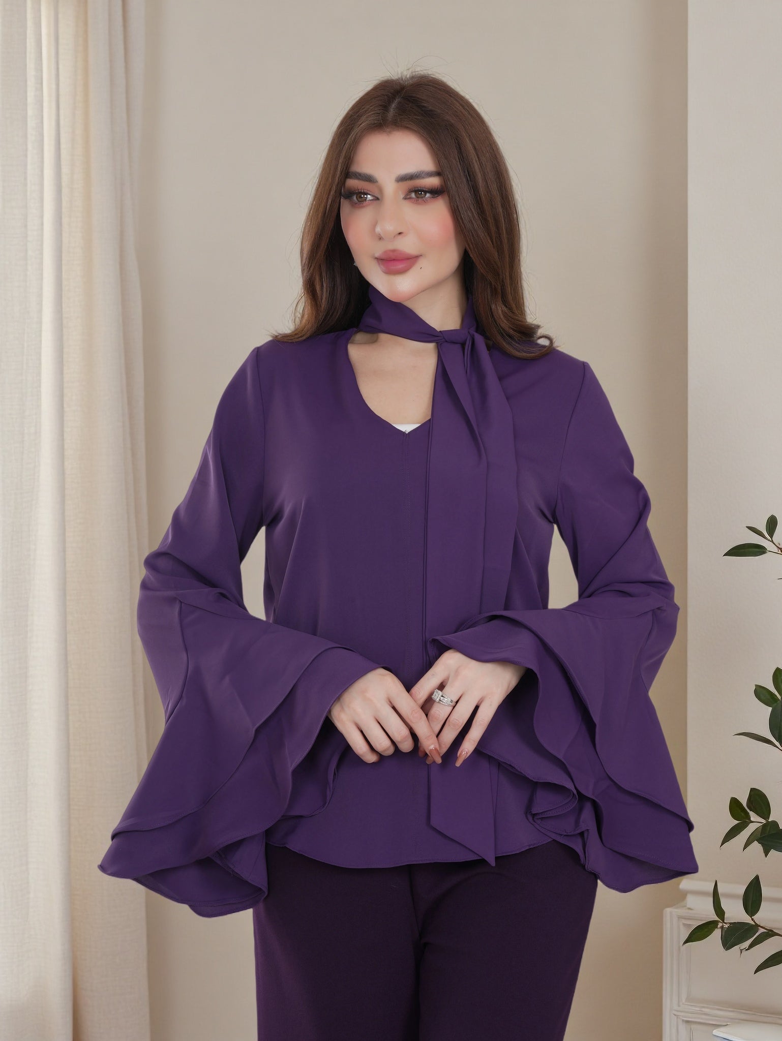 Finelook Elegant Tie-Neck Ruffle Sleeve Blouse – Modest Flowy Top
