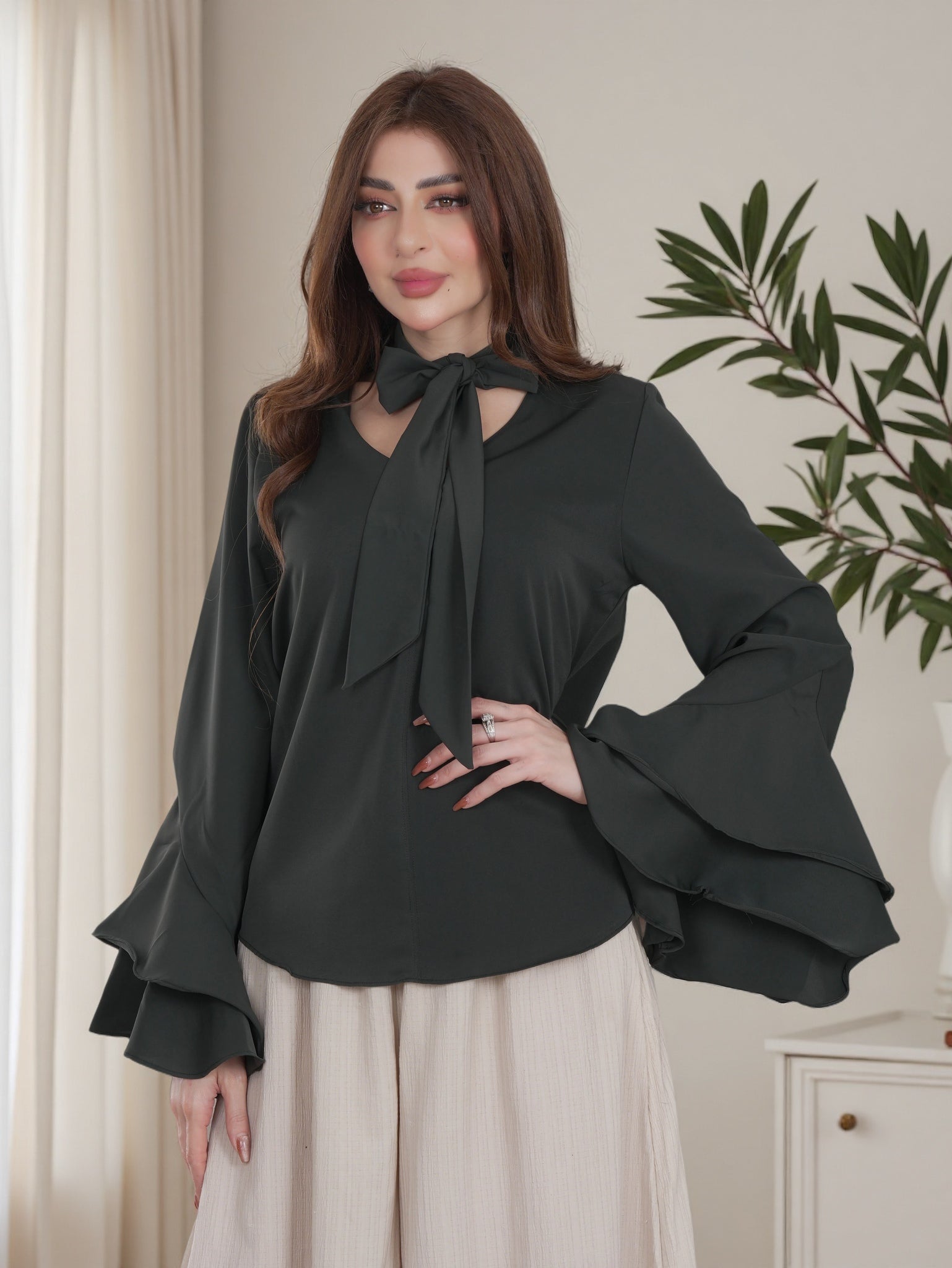 Finelook Elegant Tie-Neck Ruffle Sleeve Blouse – Modest Flowy Top