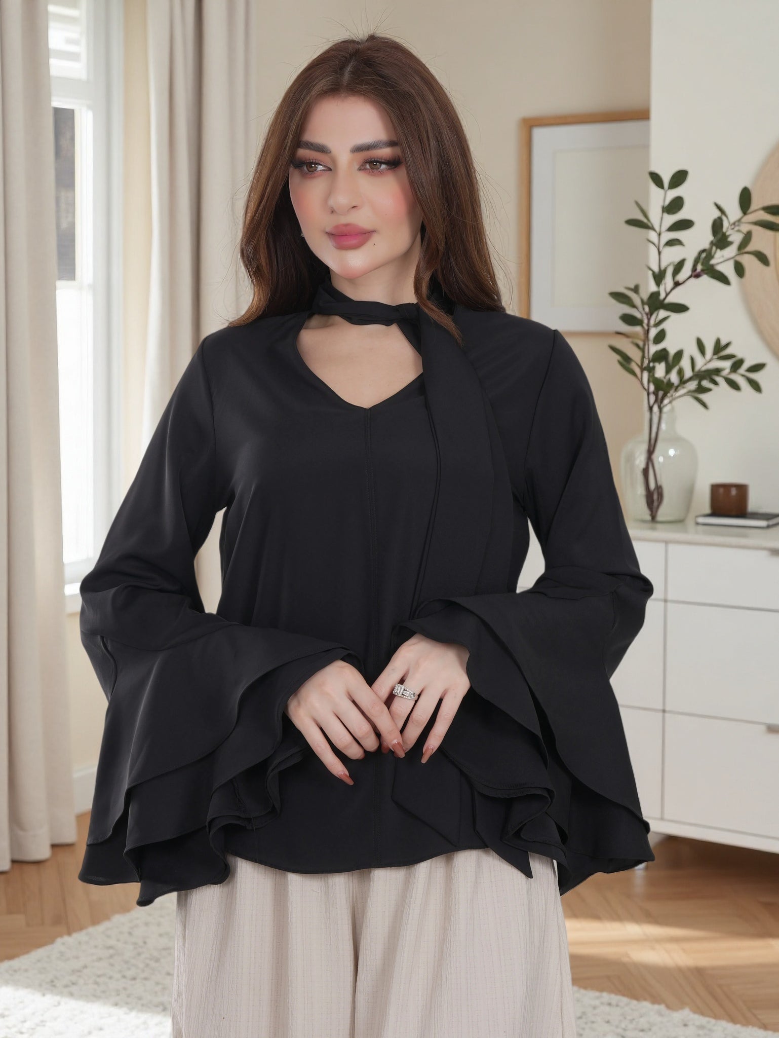 Finelook Elegant Tie-Neck Ruffle Sleeve Blouse – Modest Flowy Top