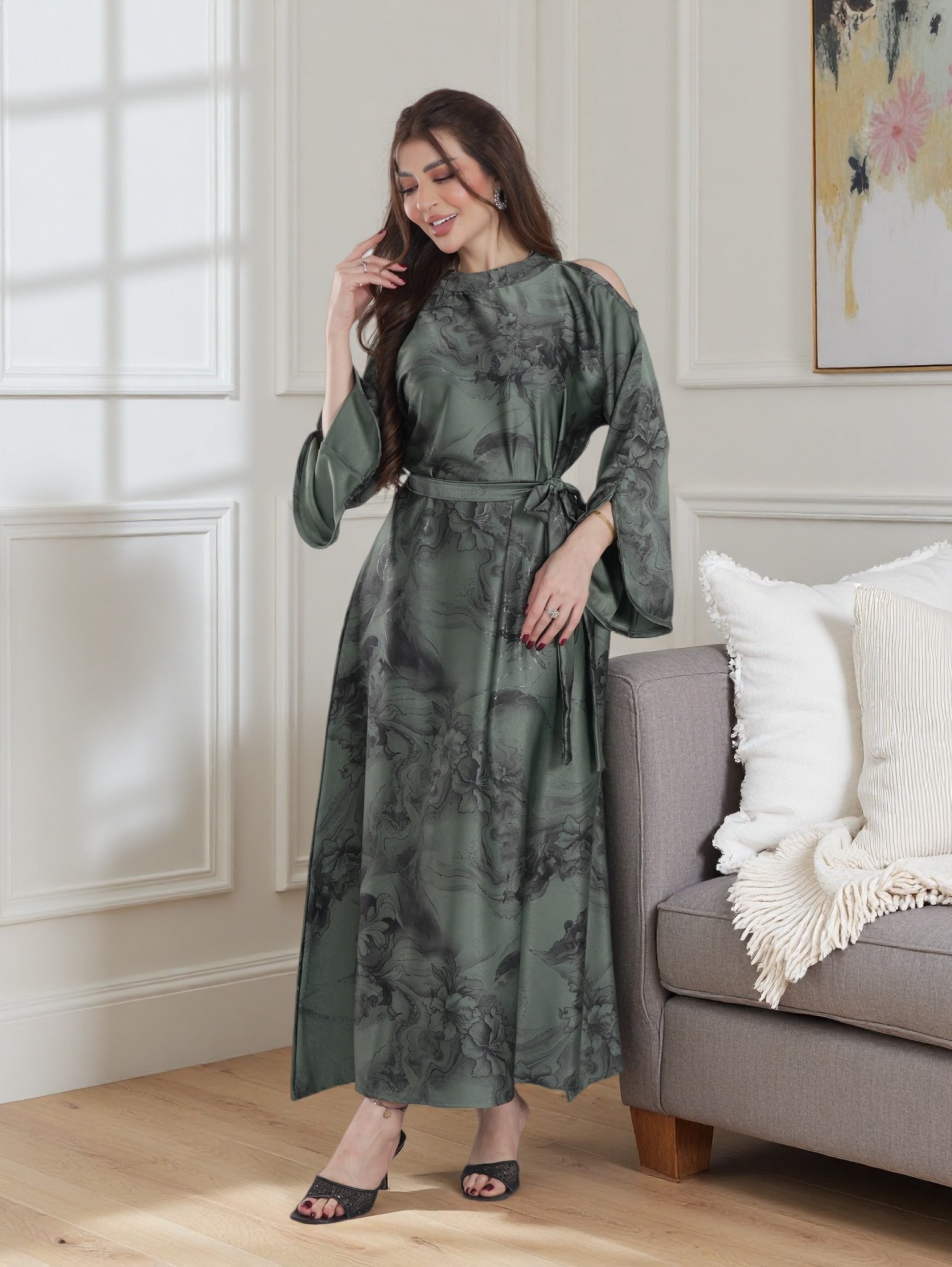 Finelook Luxury Floral Maxi Dress – Modest Long Sleeve Belted Evening Dress in Lavender Purple