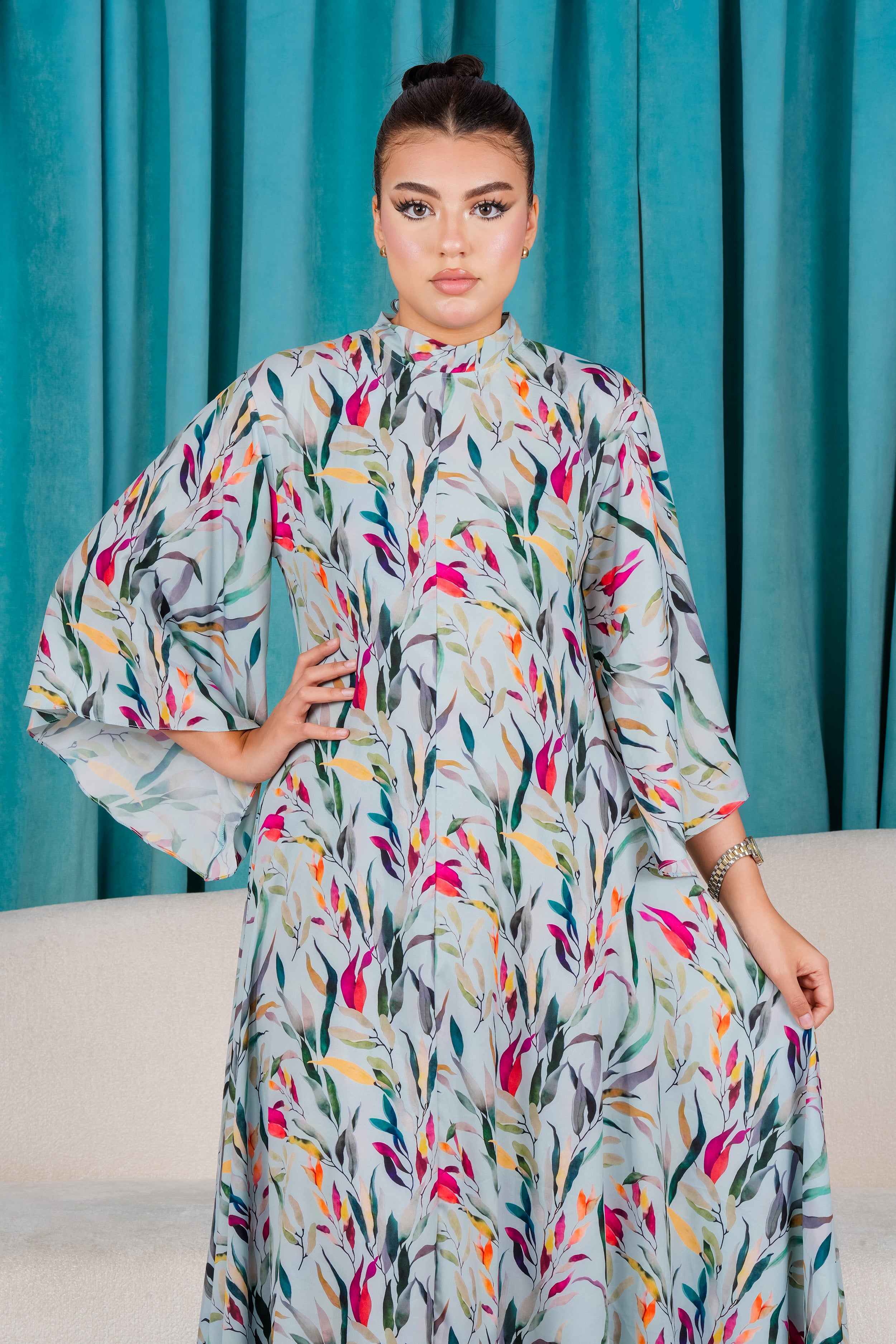 Elegant Floral Dress with Flare Sleeves.