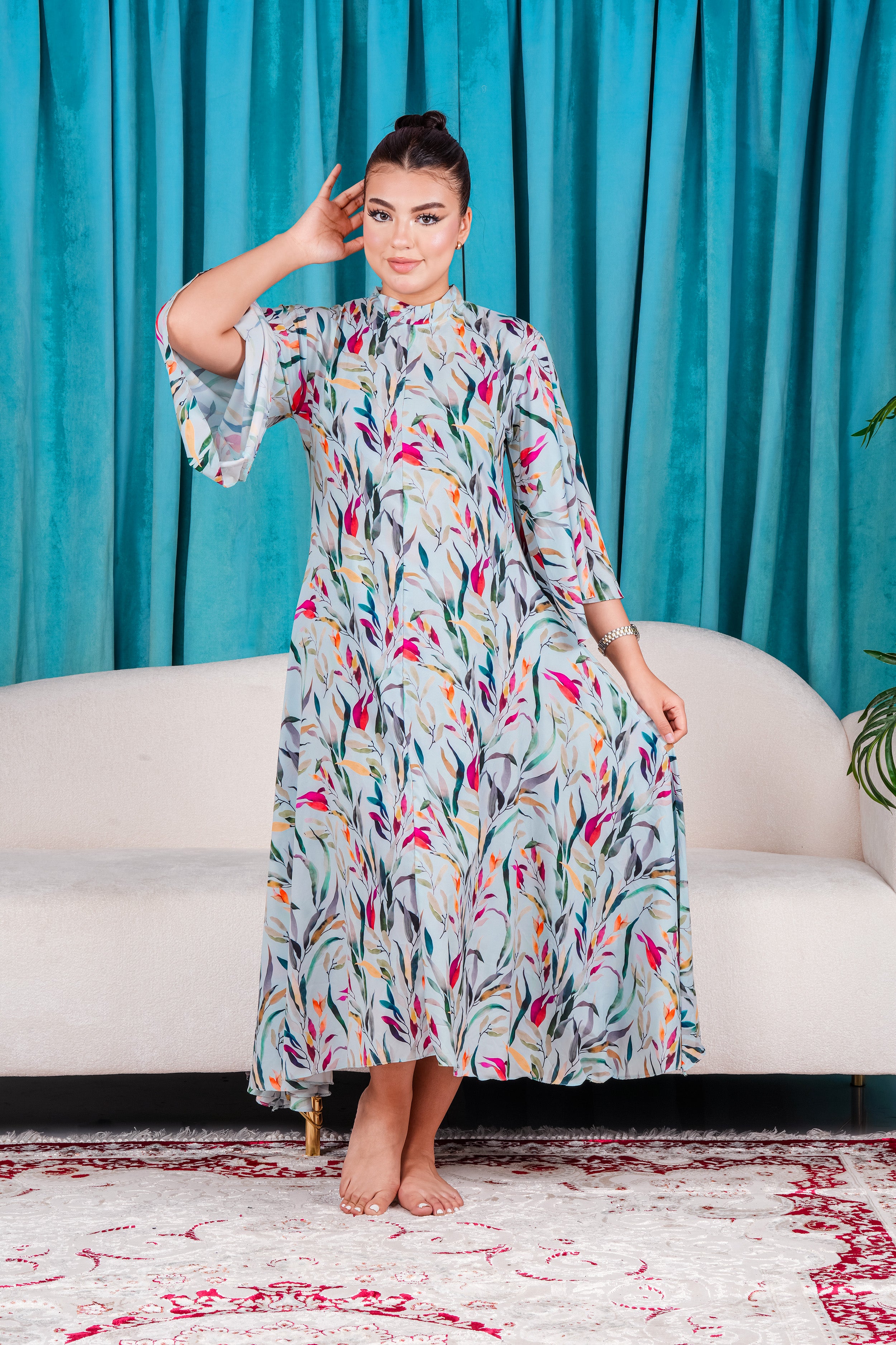 Elegant Floral Dress with Flare Sleeves.