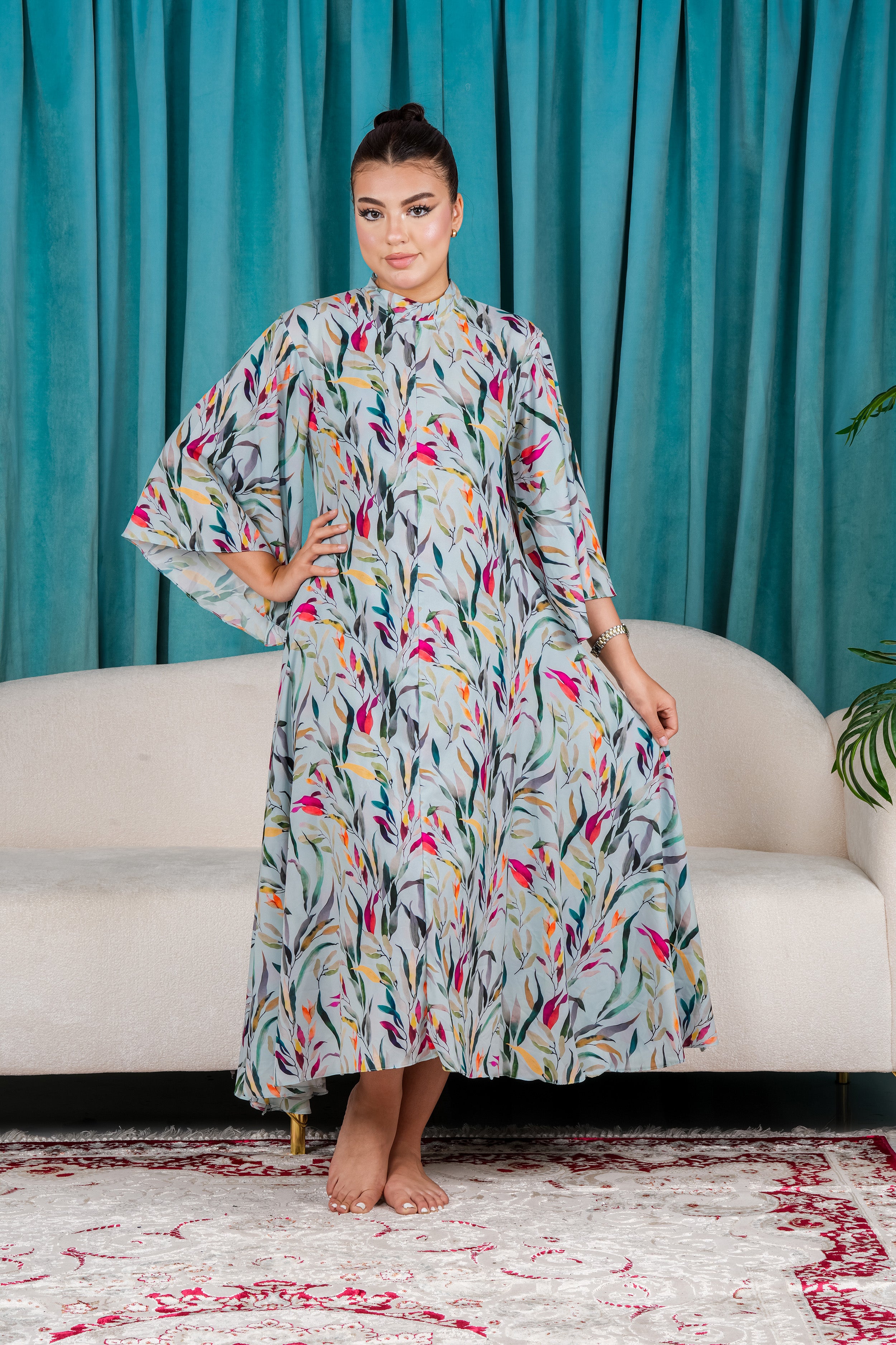 Elegant Floral Dress with Flare Sleeves.