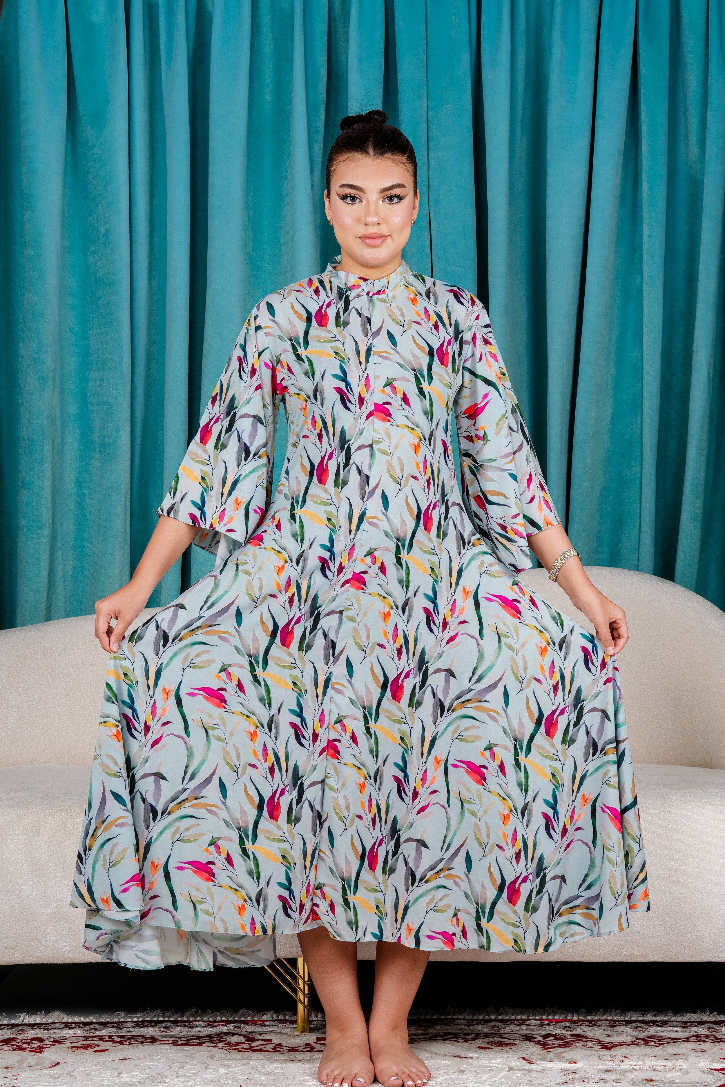 Elegant Floral Dress with Flare Sleeves.