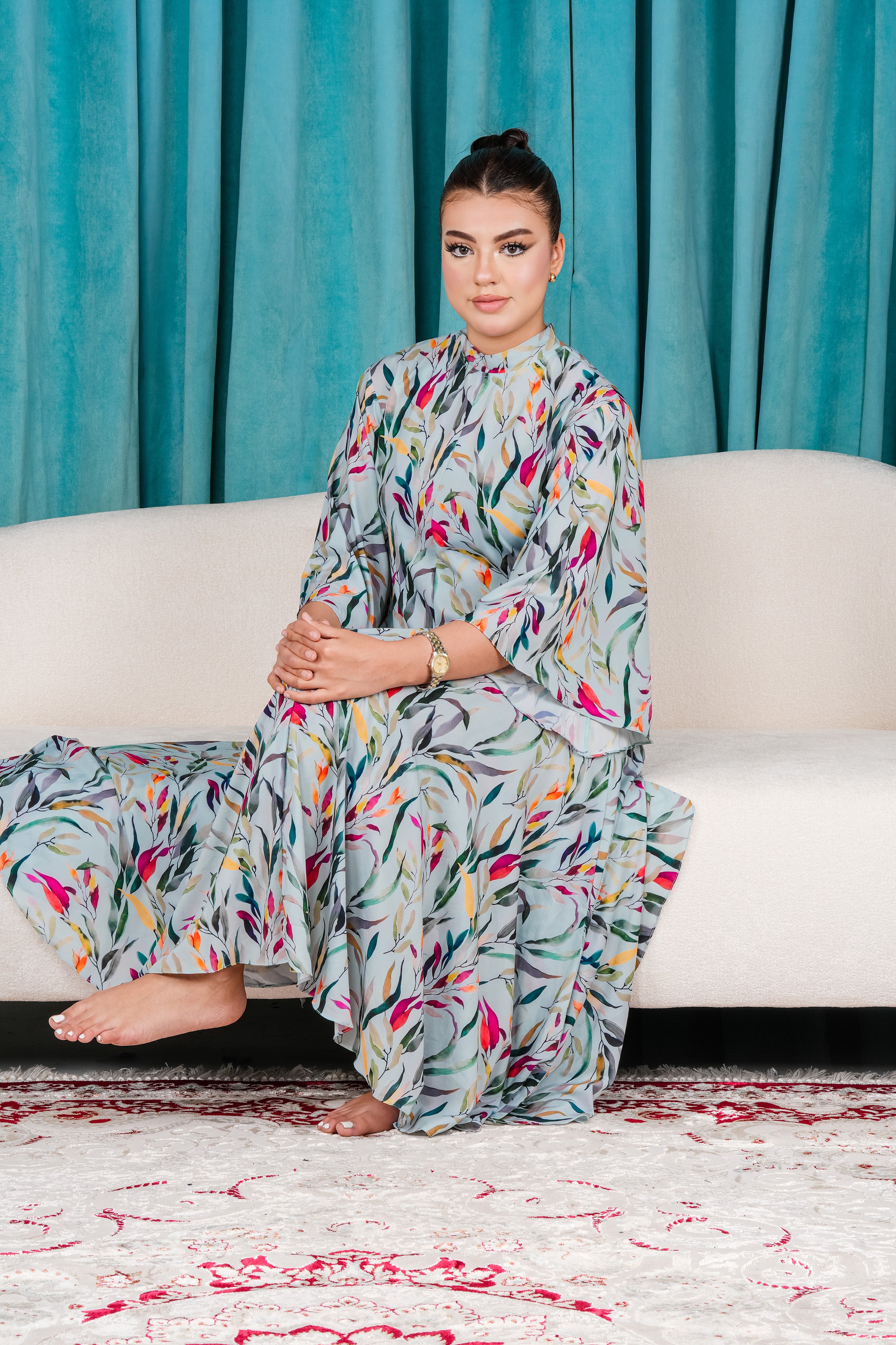 Elegant Floral Dress with Flare Sleeves.
