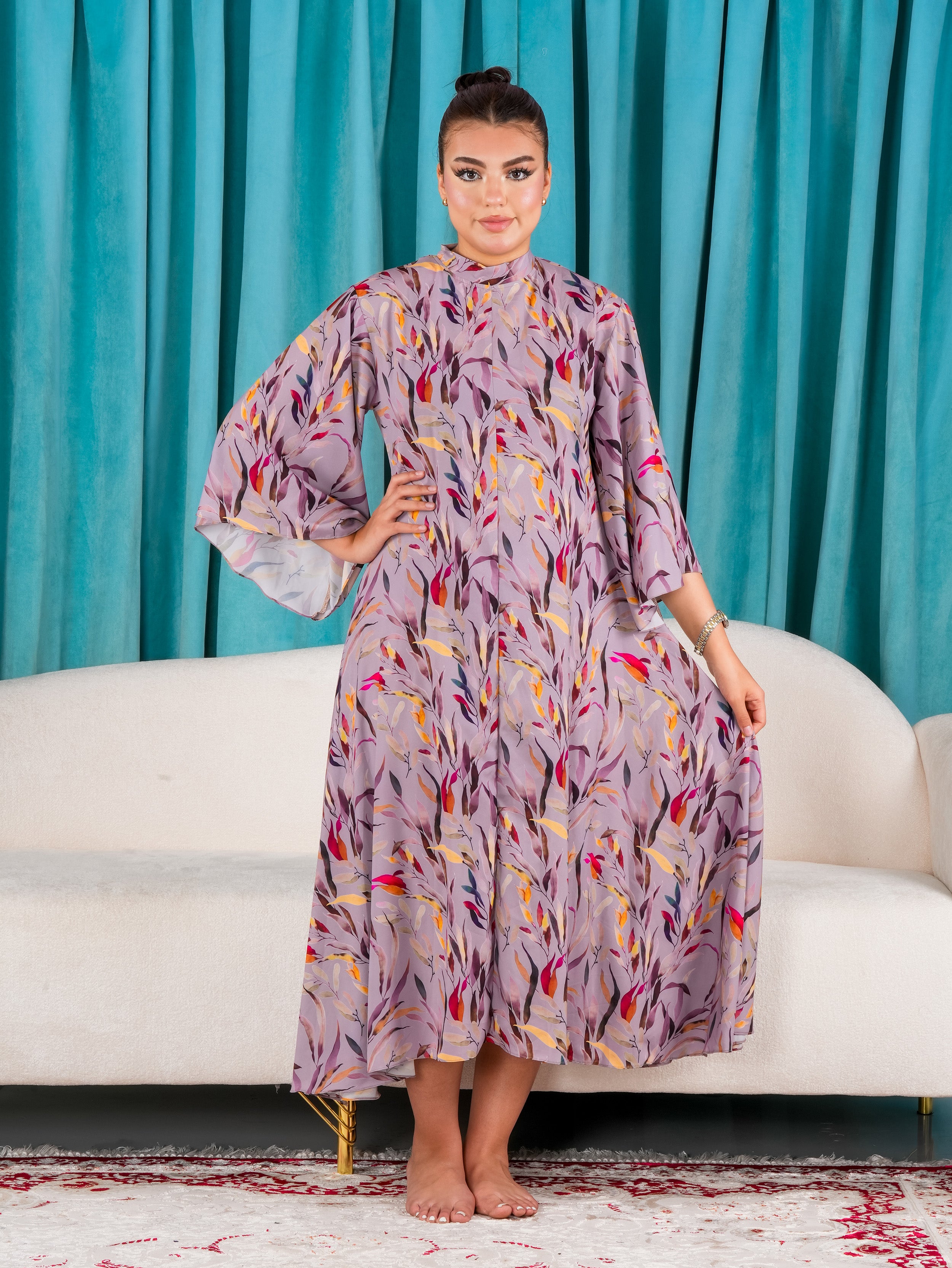 Elegant Floral Dress with Flare Sleeves.