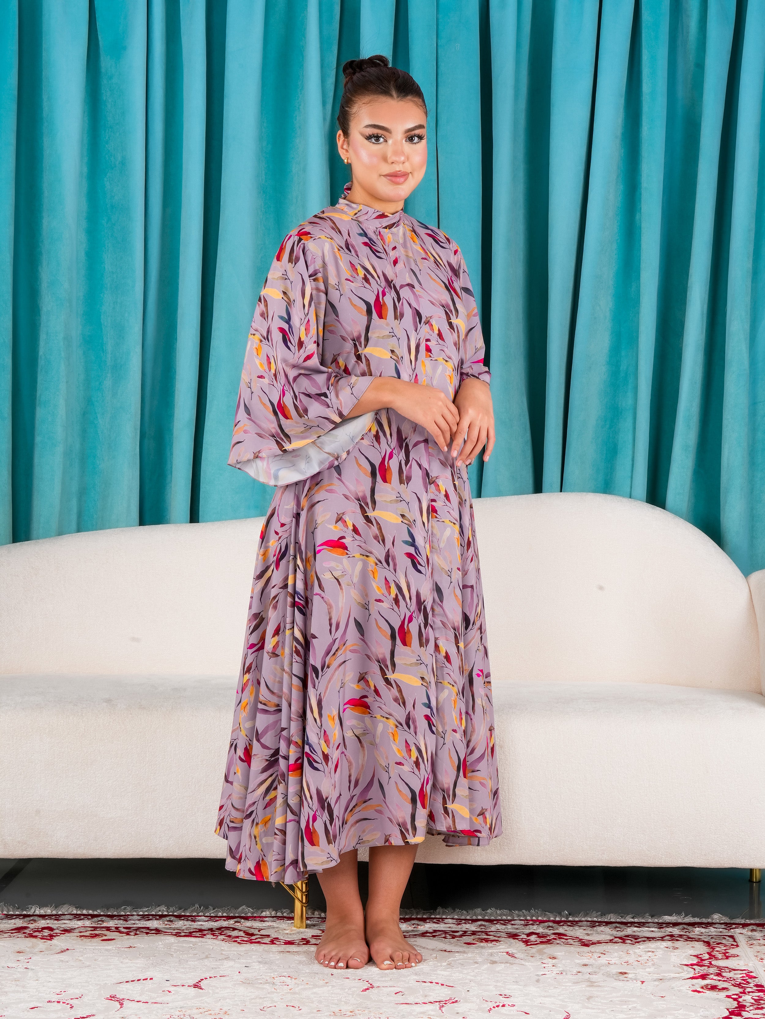 Elegant Floral Dress with Flare Sleeves.