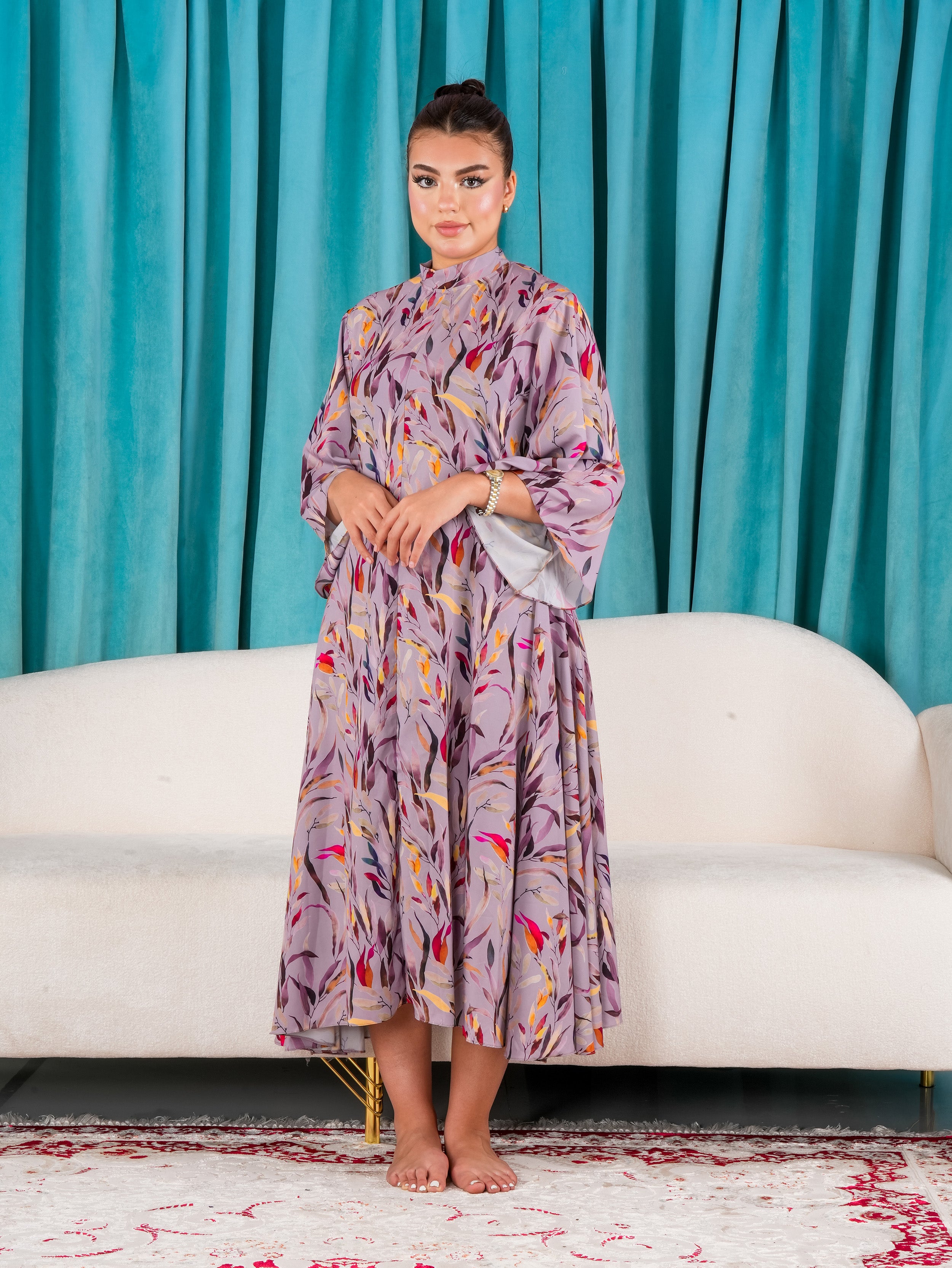Elegant Floral Dress with Flare Sleeves.