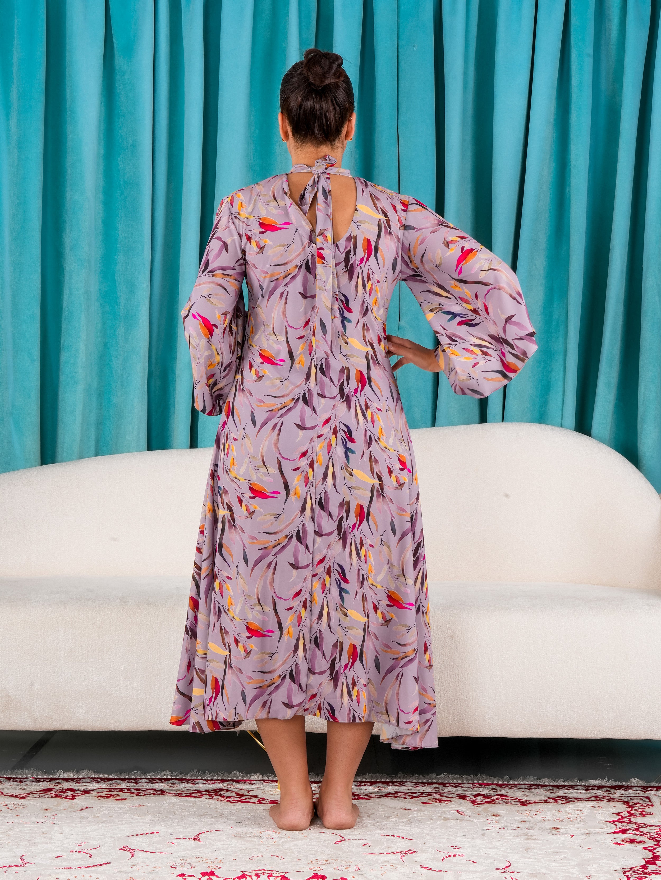 Elegant Floral Dress with Flare Sleeves.