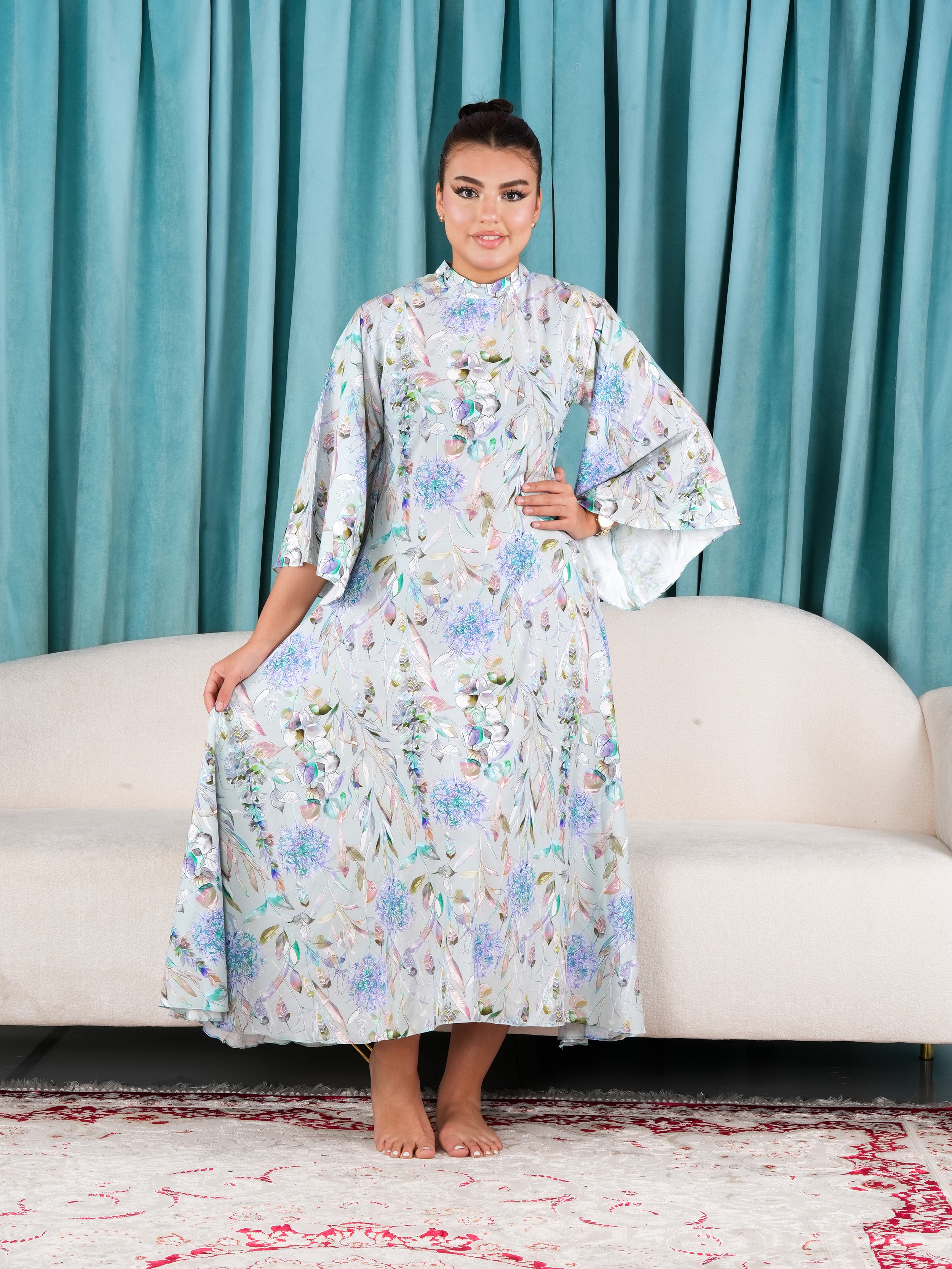 Floral Dress with Bow Tie back Long Flared Sleeve Jalabiya - Finelook.