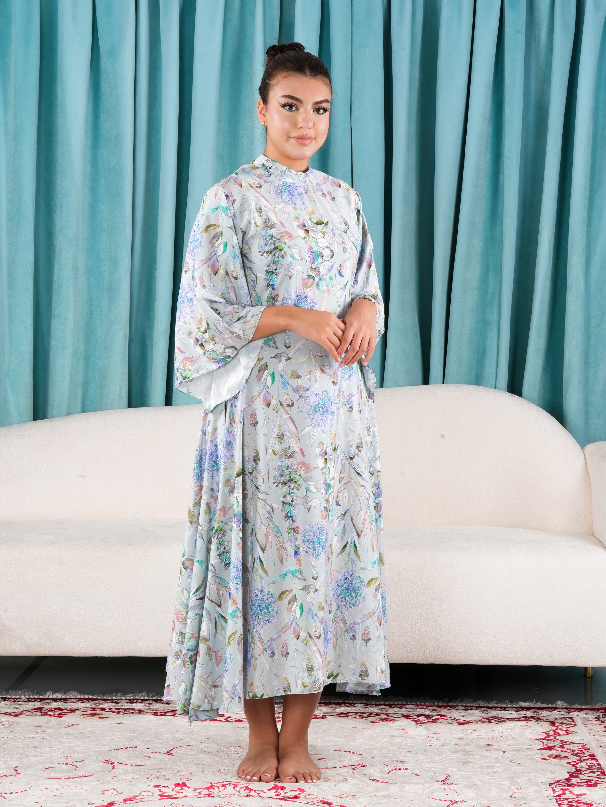 Floral Dress with Bow Tie back Long Flared Sleeve Jalabiya - Finelook.
