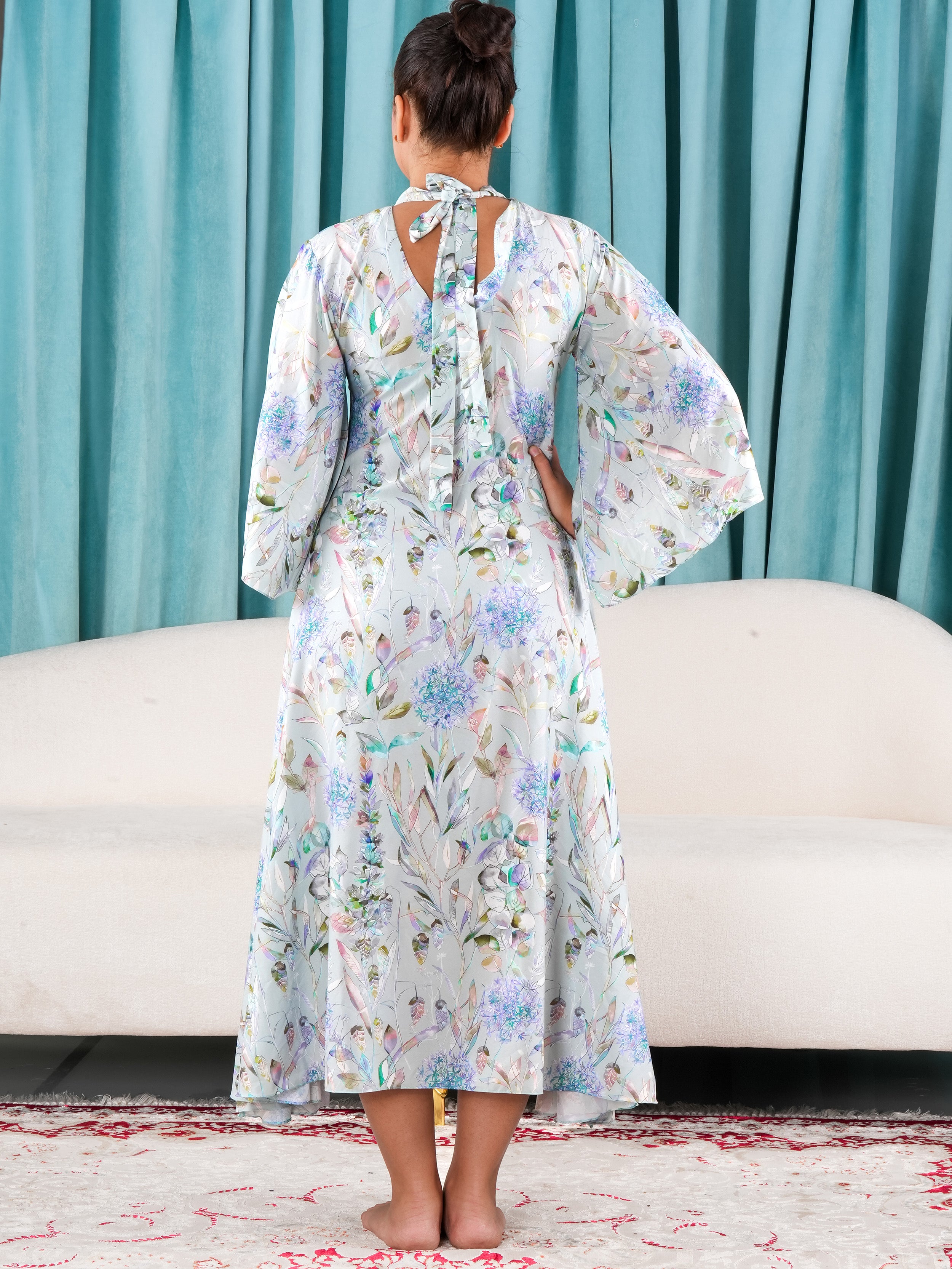 Floral Dress with Bow Tie back Long Flared Sleeve Jalabiya - Finelook.