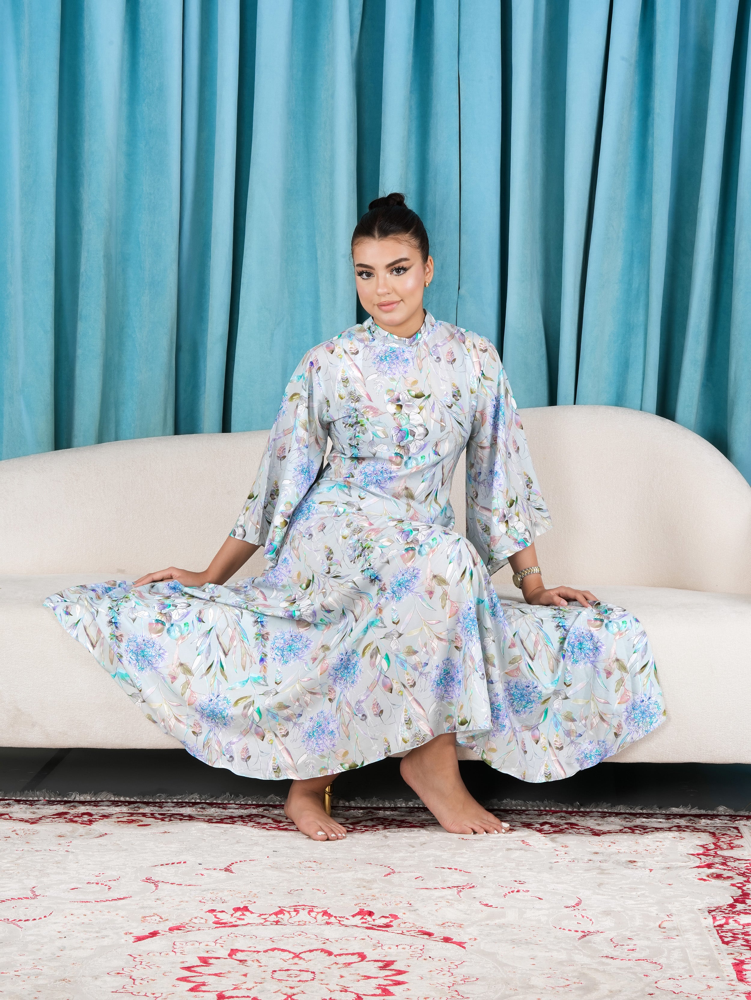 Floral Dress with Bow Tie back Long Flared Sleeve Jalabiya - Finelook.