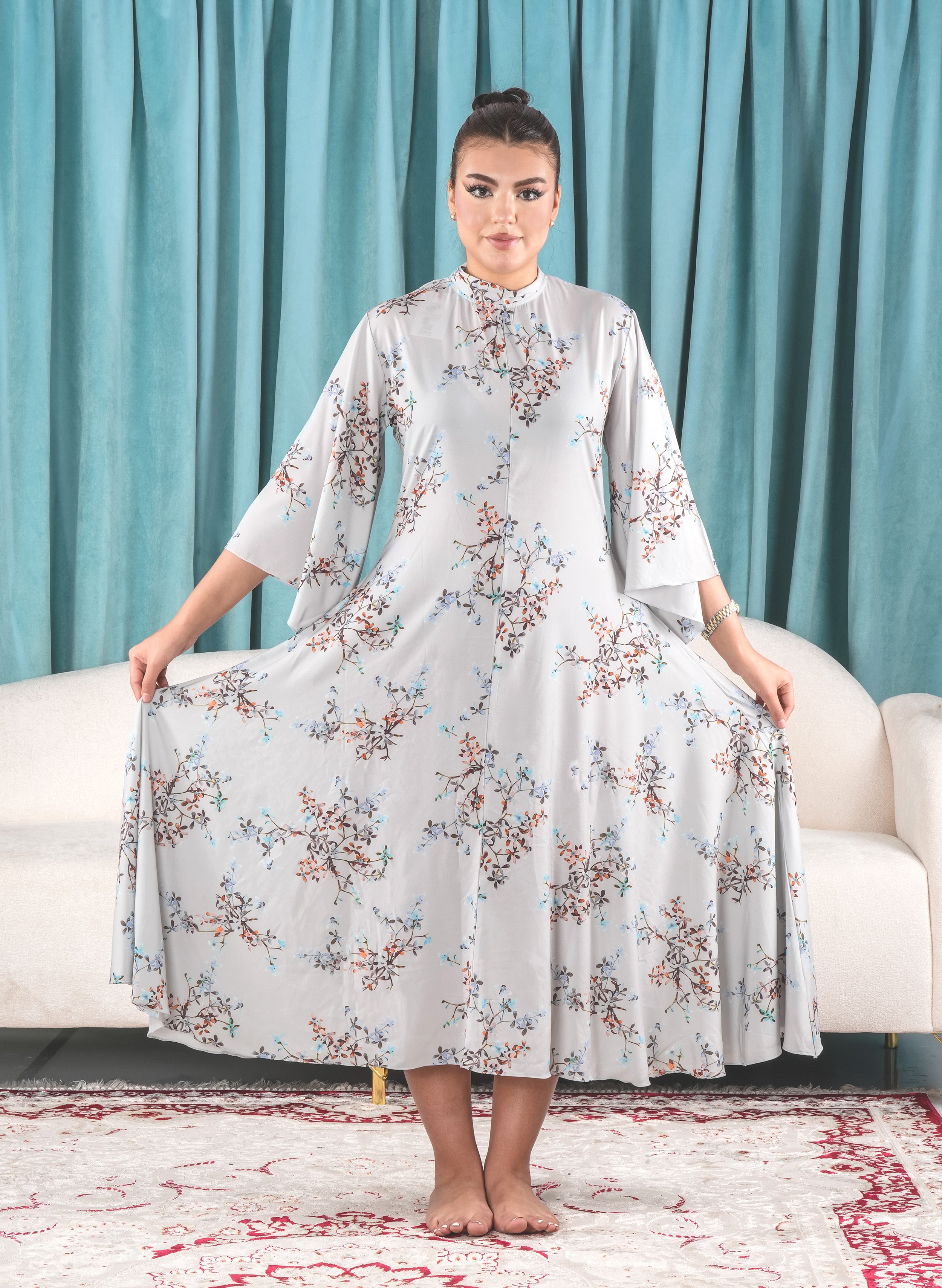 Floral Dress with Flared Sleeve - Finelook.