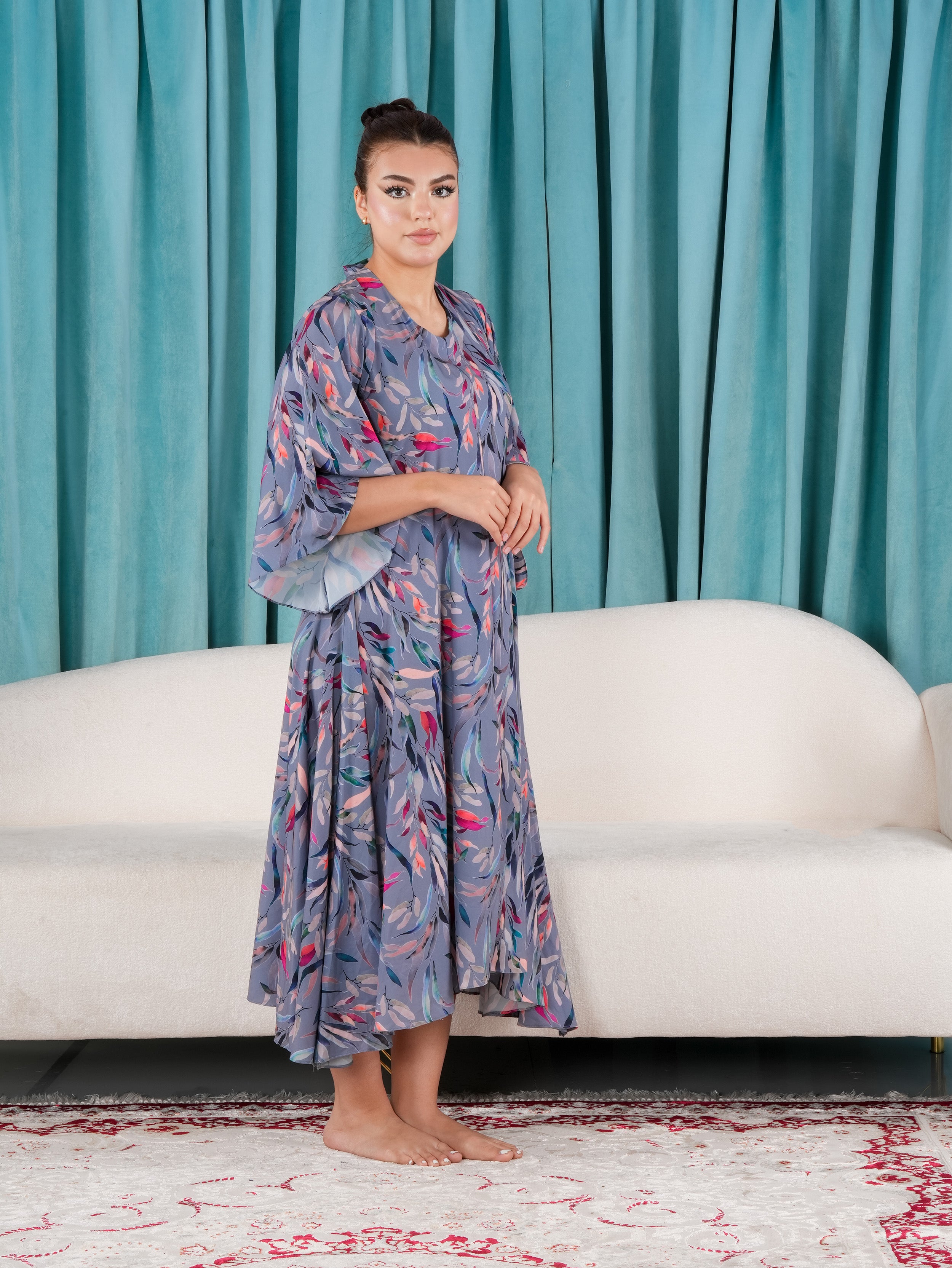 Elegant Floral Dress with Flare Sleeves.