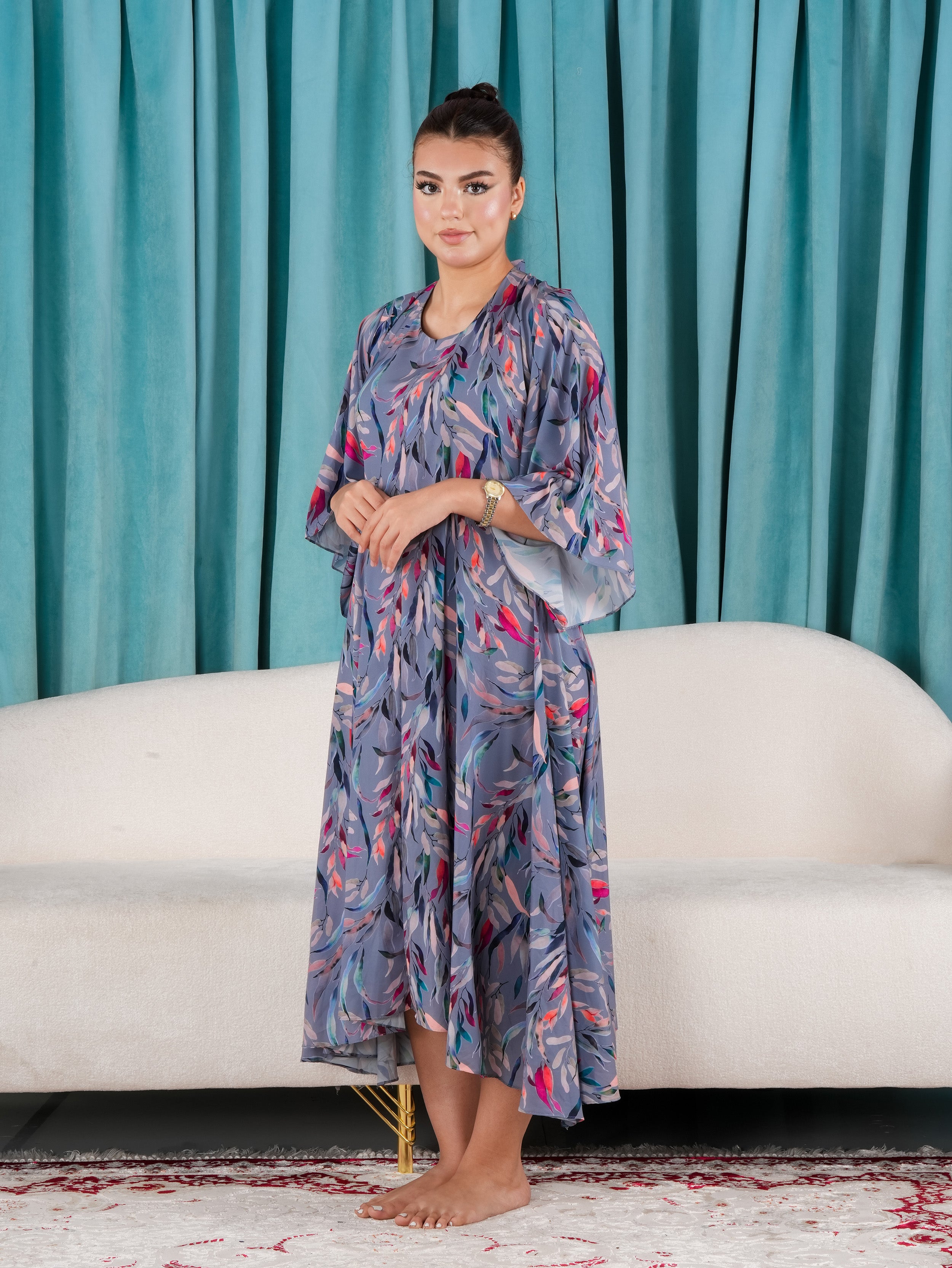 Elegant Floral Dress with Flare Sleeves.