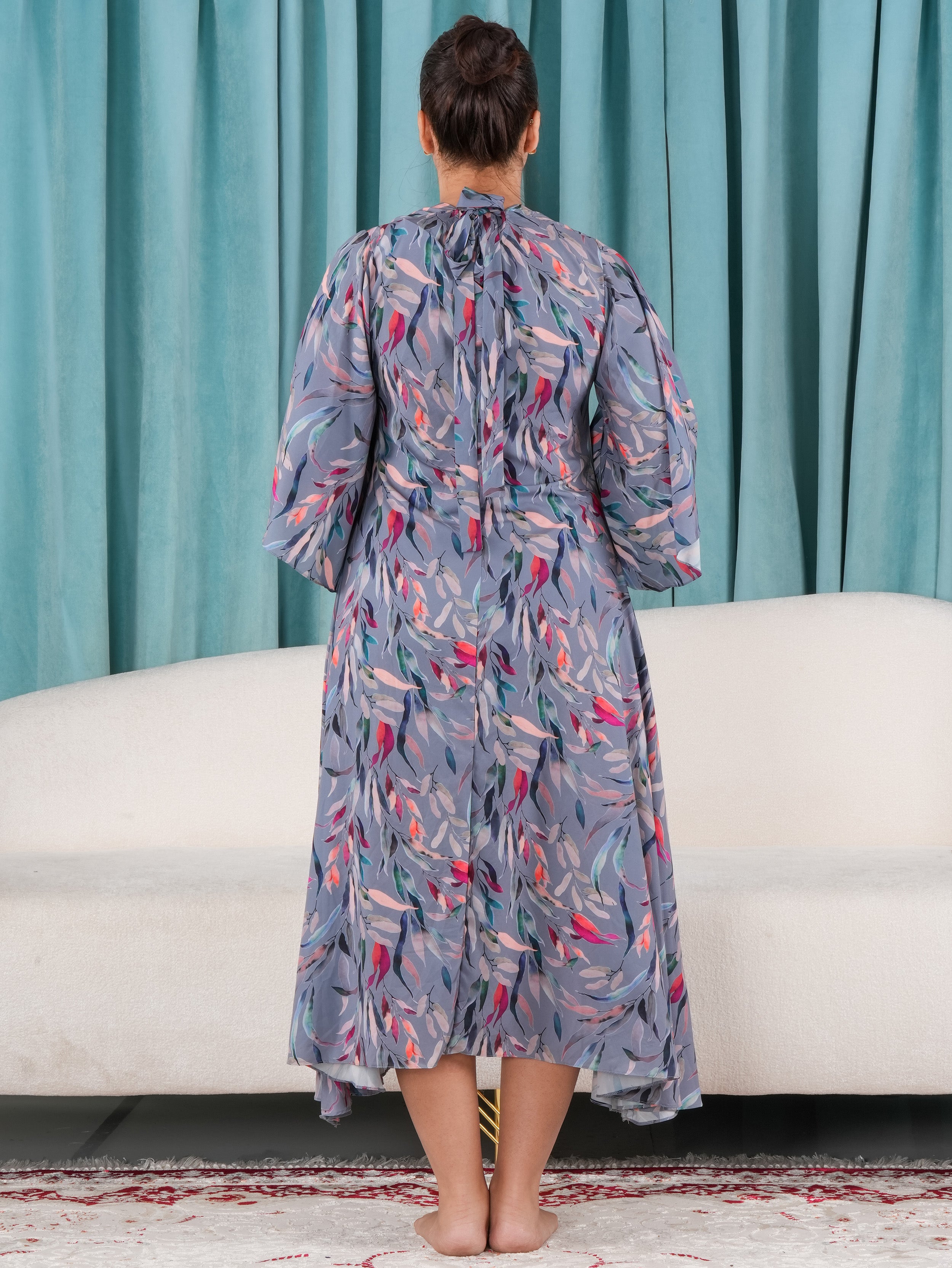 Elegant Floral Dress with Flare Sleeves.