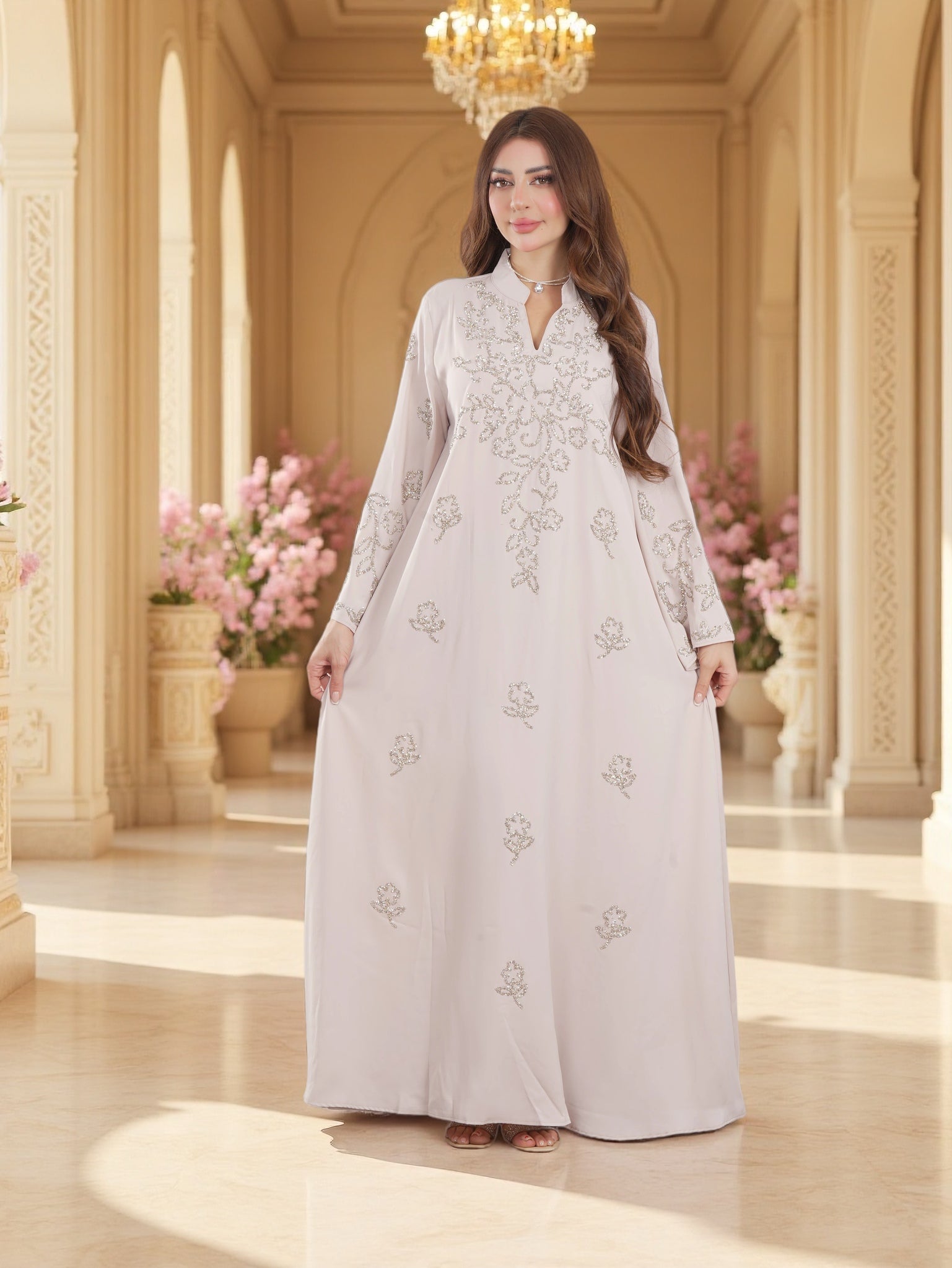 Silver Bead Floral Scattered Embroidered Jalabiya | Mandarin Collar Chiffon Kaftan Maxi Dress