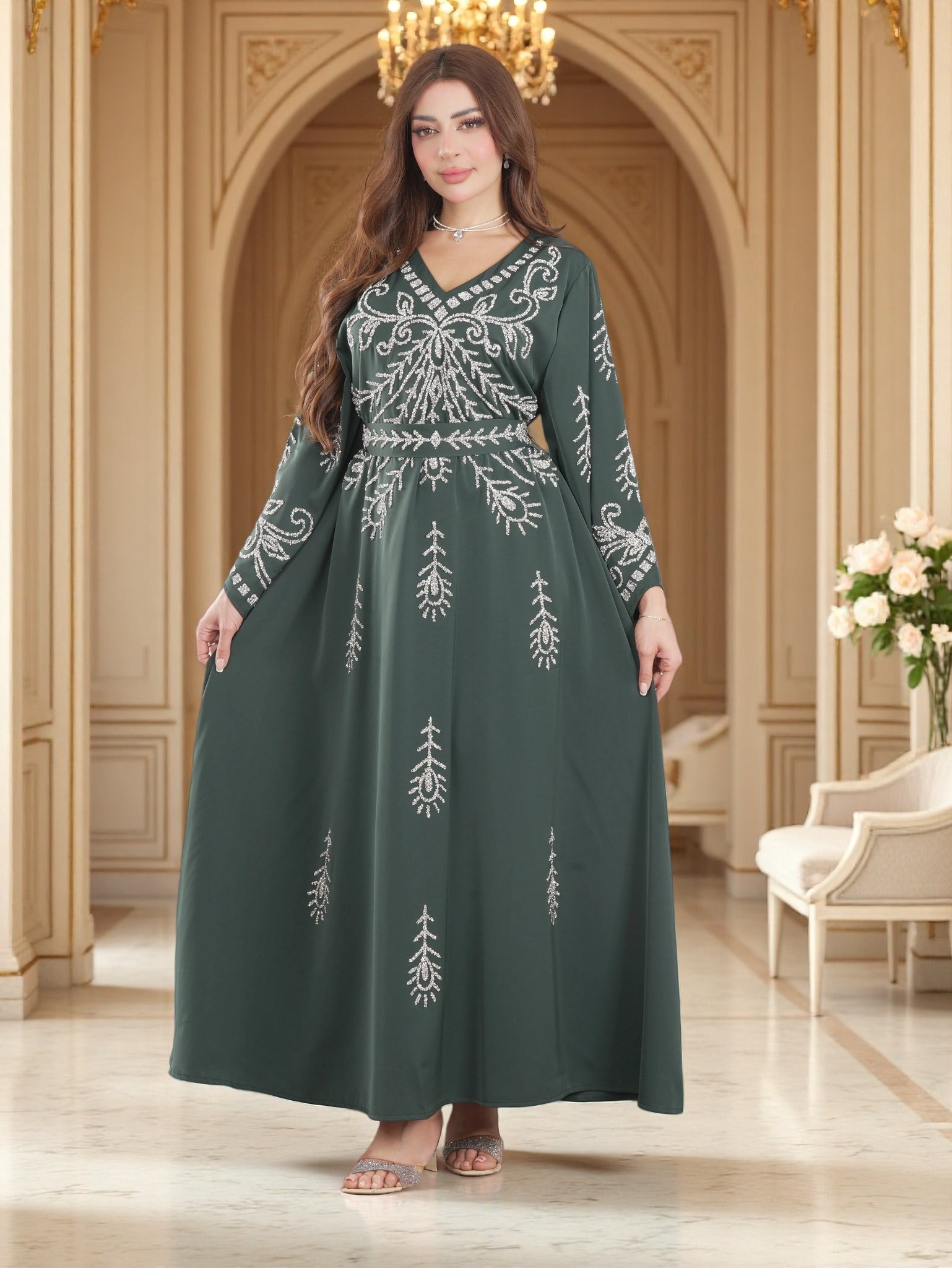 Silver Crystal Arabesque Embroidered Jalabiya with Belt | V-Neck Scattered Motif Kaftan Maxi Dress