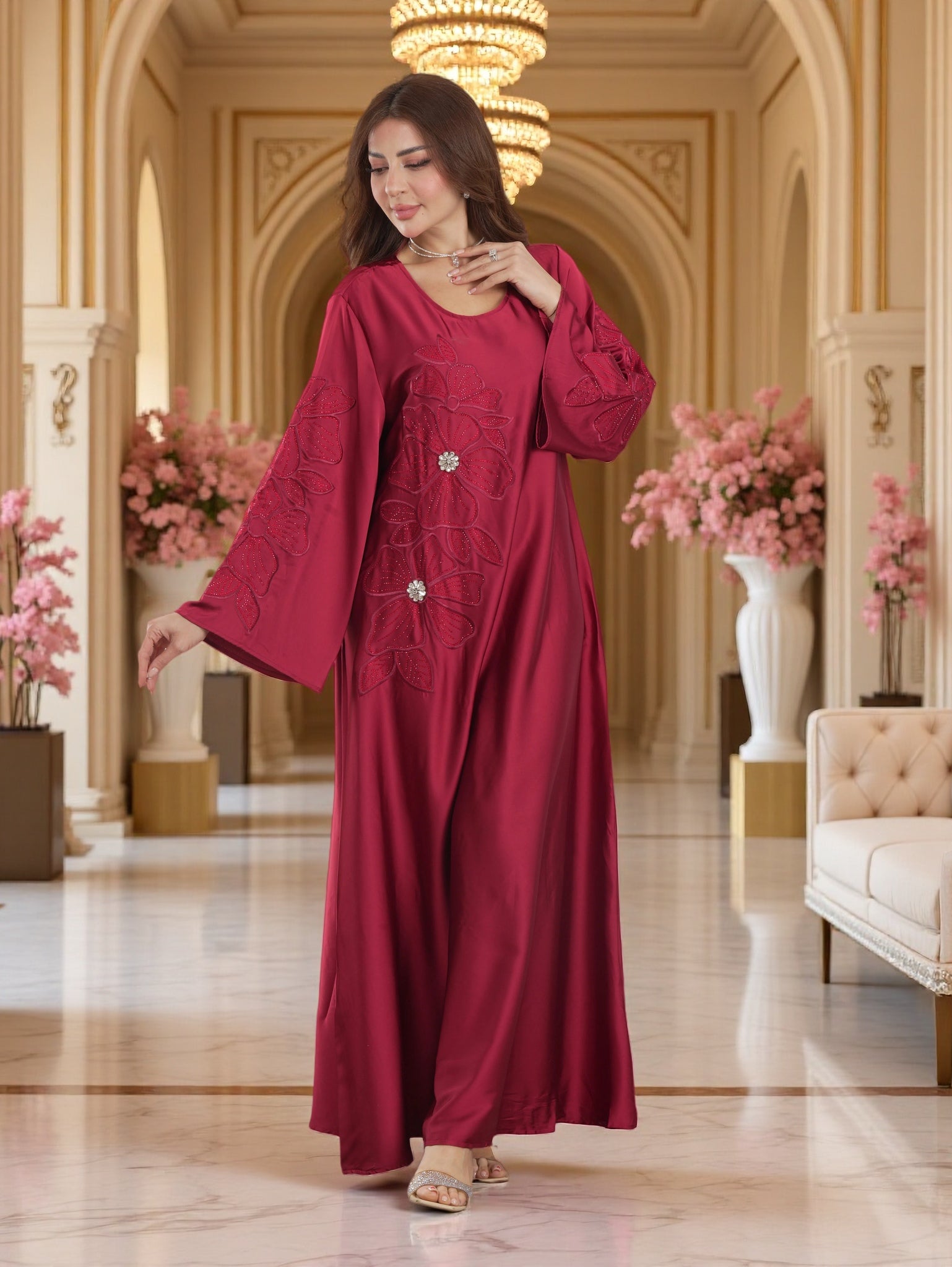 Satin Abaya with Tonal Floral Applique & Crystal Detail | Modest Maxi Dress