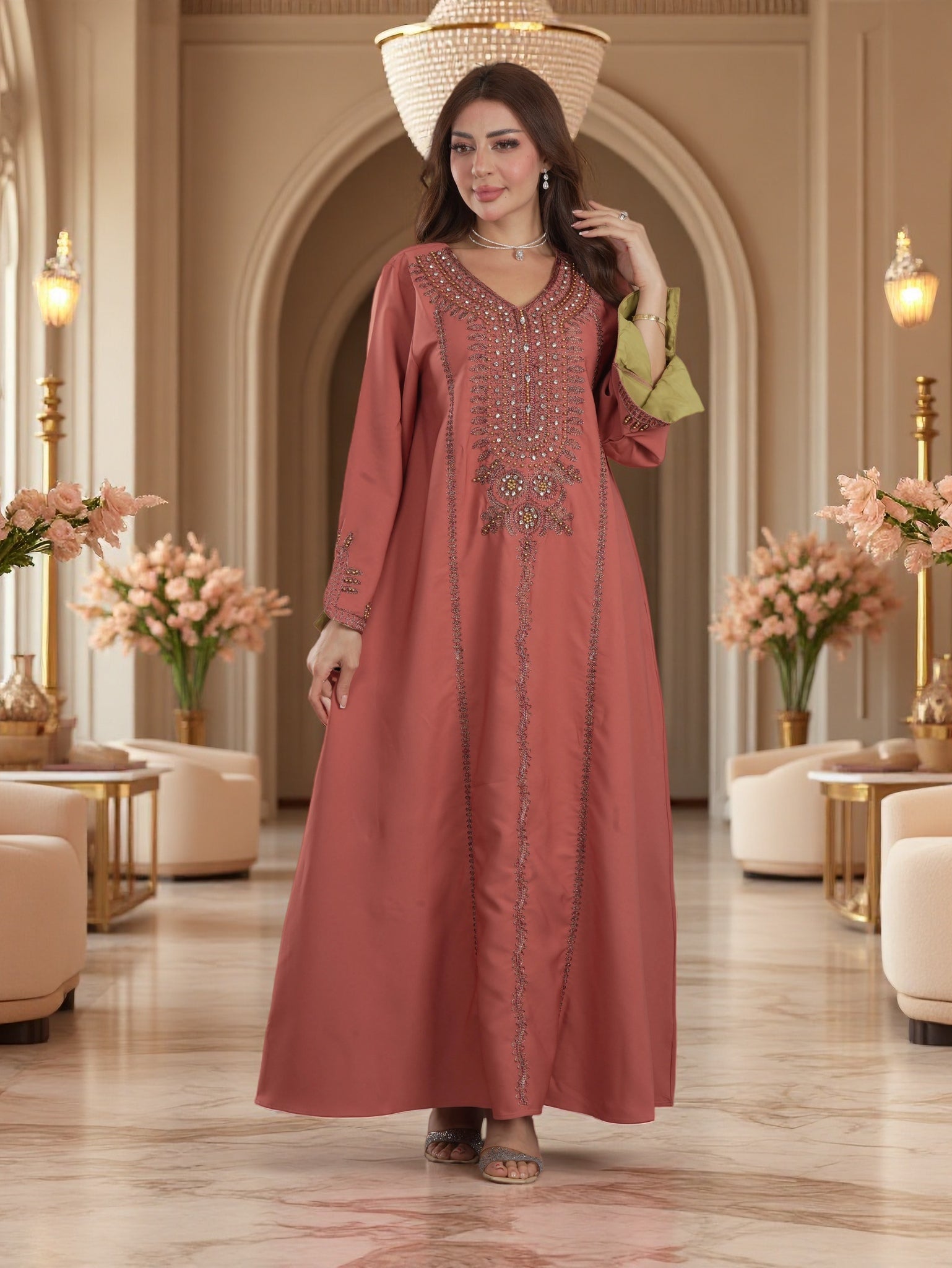 Gold Bead & Crystal Panel Embroidered Jalabiya | V-Neck Contrast Cuff Kaftan Maxi Dress