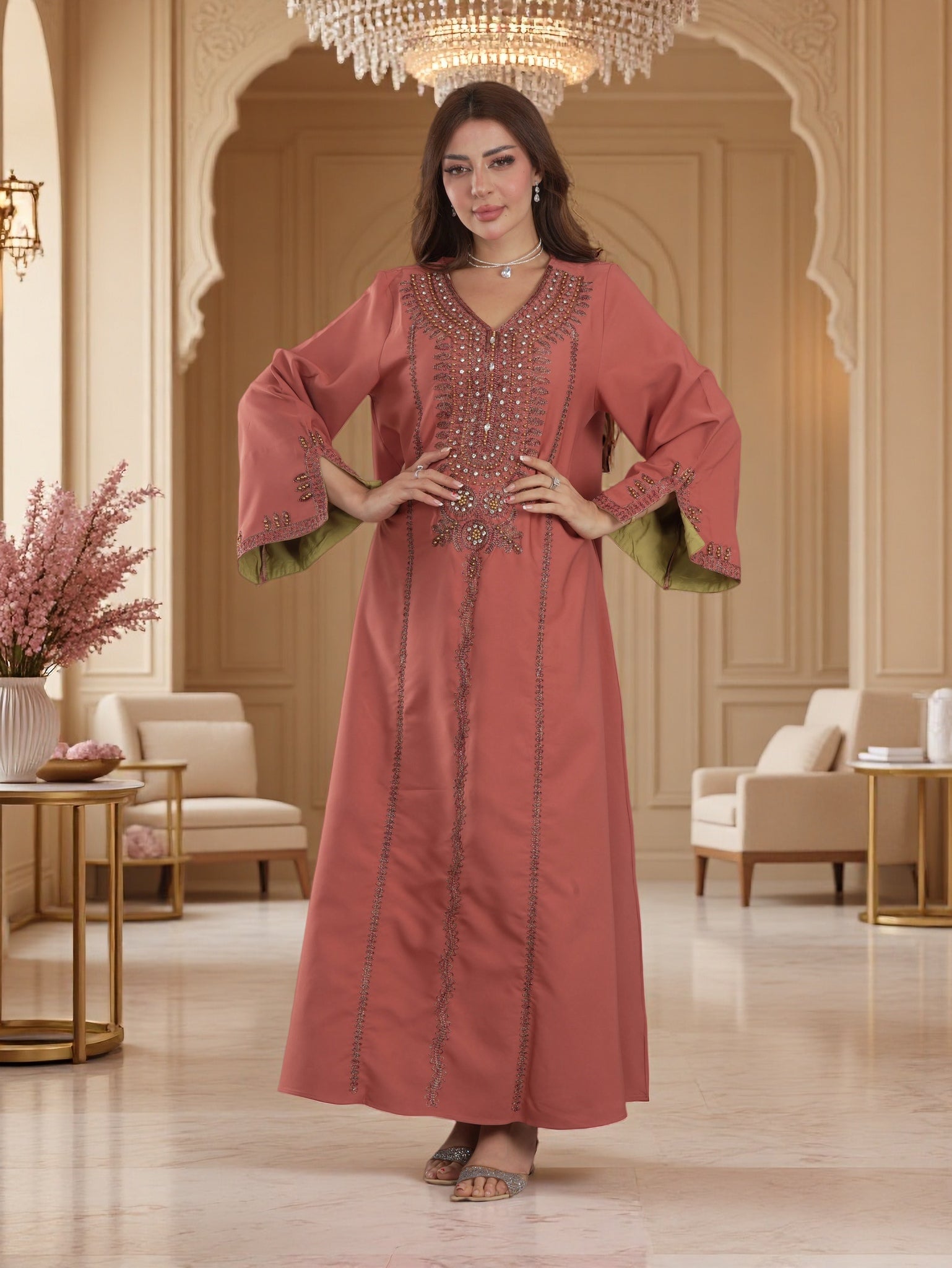 Gold Bead & Crystal Panel Embroidered Jalabiya | V-Neck Contrast Cuff Kaftan Maxi Dress