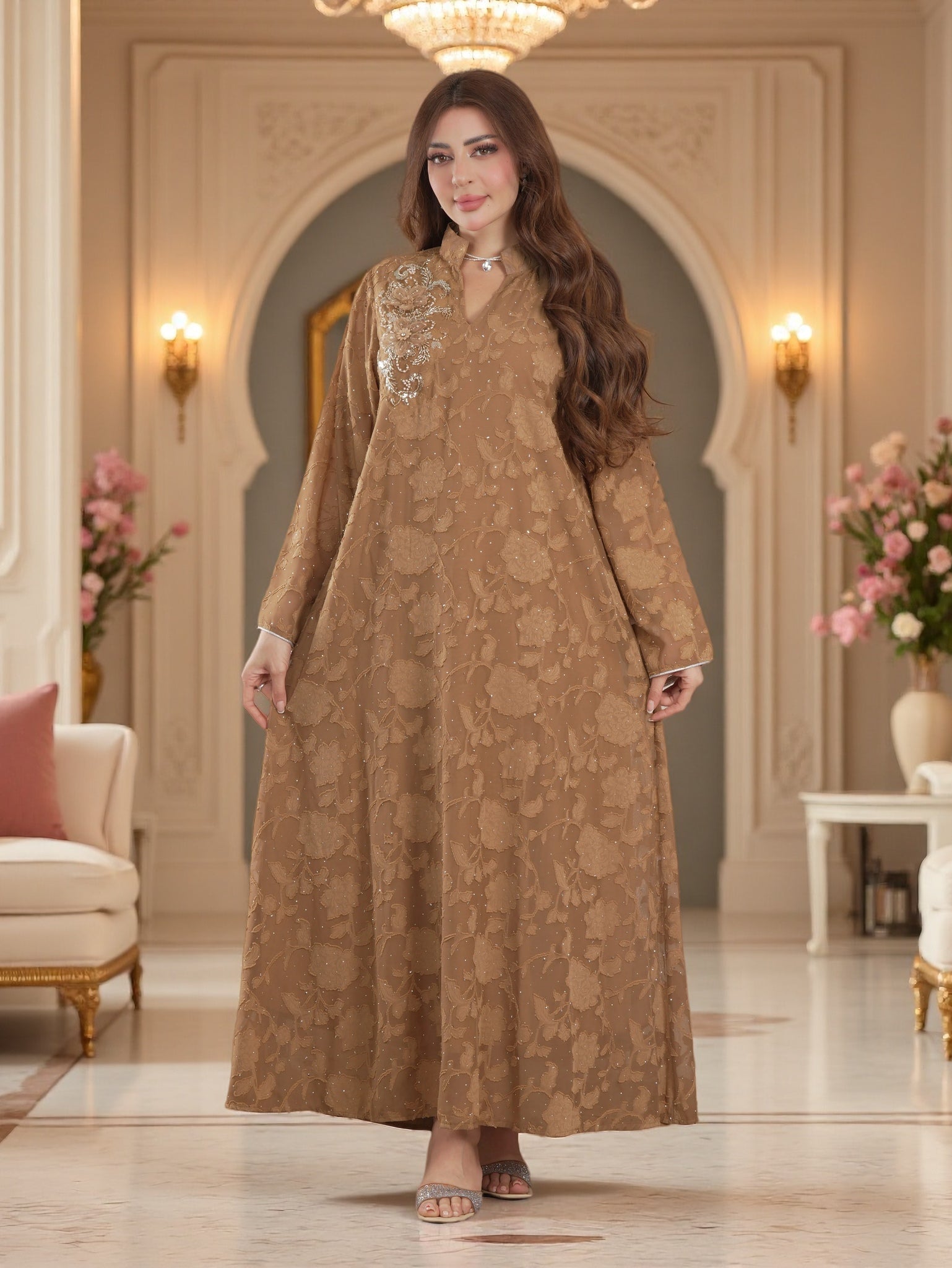 Jacquard Floral Abaya with Embellished Shoulder Applique | Modest Maxi Dress
