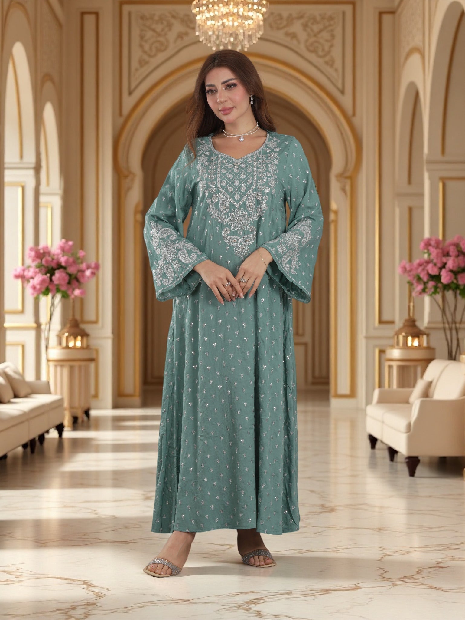 Chikankari Embroidered Jalabiya with Beaded Yoke | Long Sleeve Modest Maxi Dress